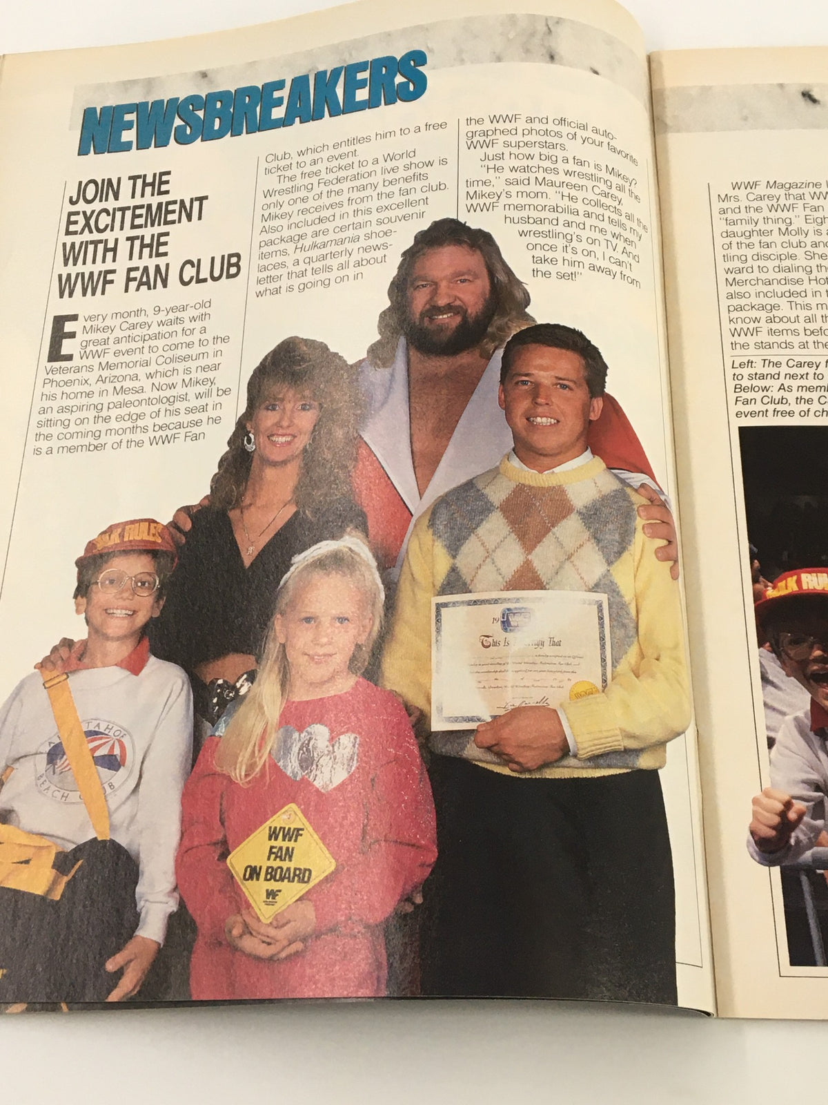 Vintage WWF Magazine May 1989 showcasing a family at a wrestling event, featuring members with WWF merchandise and posing with Big John Studd.