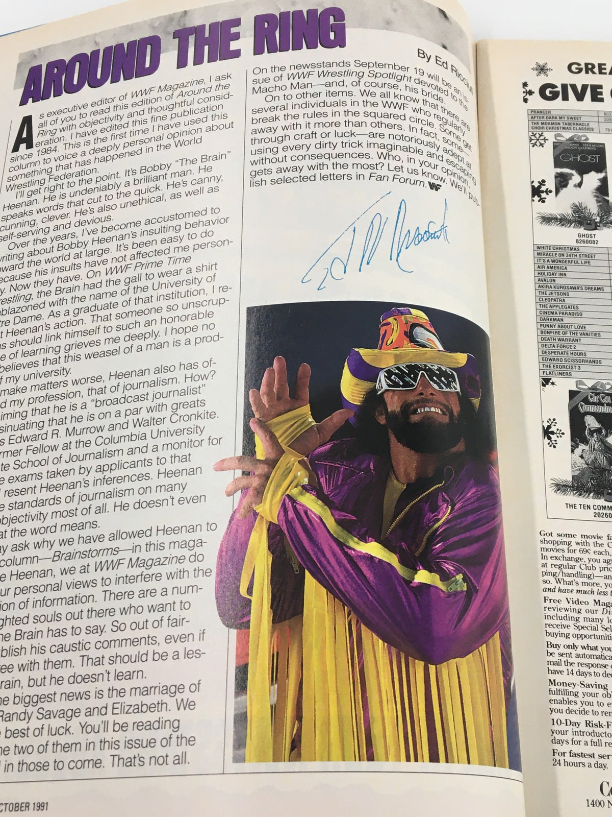 Vintage WWF Magazine October 1991 featuring Randy Savage in a vibrant costume, showcasing wrestling personalities in a nostalgic layout.