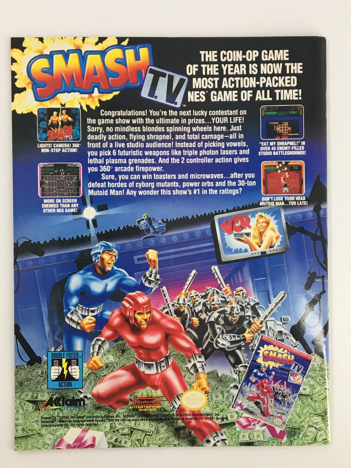 VTG WWF Magazine October 1991 displaying the back cover of the magazine with an advertisement for Smash TV, showcasing action-packed video gaming.