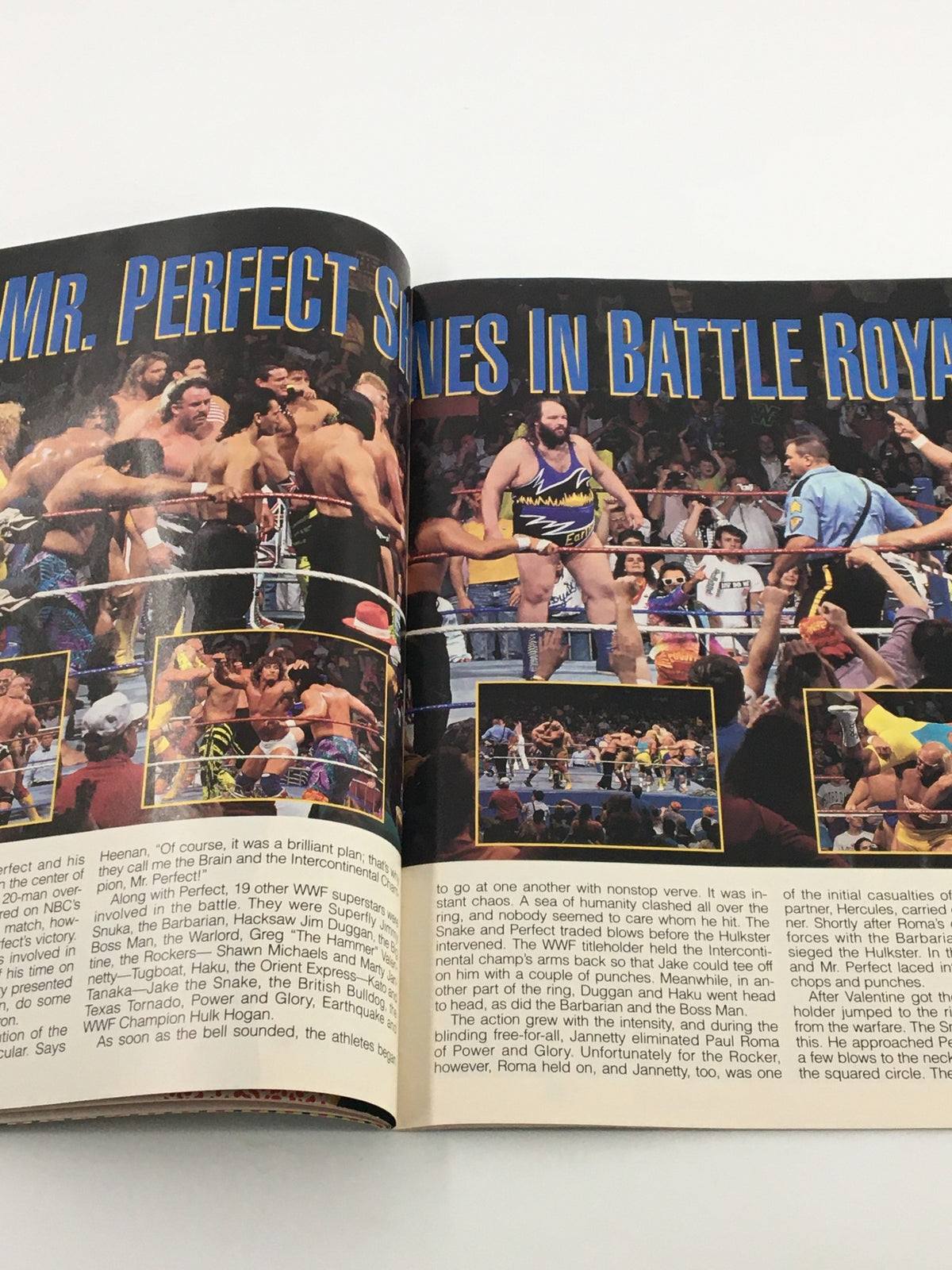 Inside page of VTG WWF Magazine July 1991, highlighting Mr. Perfect in a chaotic Battle Royal scene, depicting the excitement of 1991 wrestling.