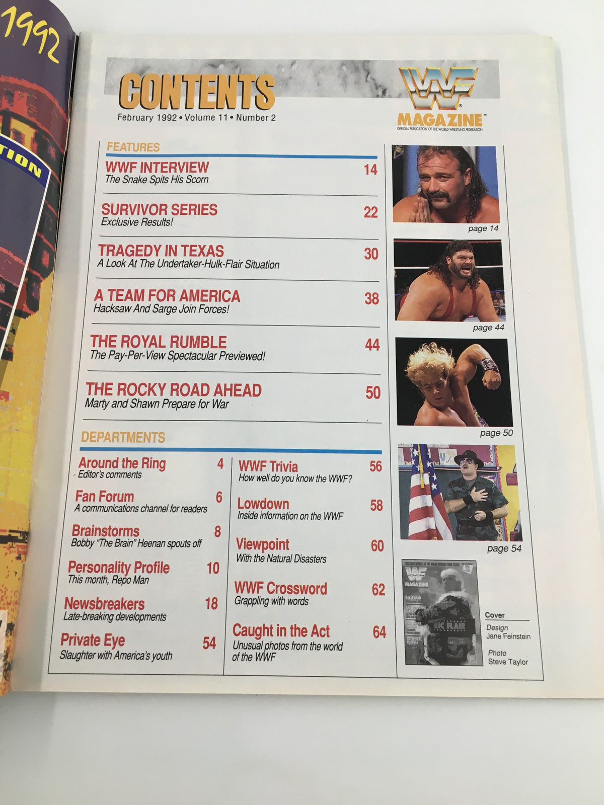 Contents page of the February 1992 WWF Magazine, outlining featured articles about wrestling legends like Ric Flair, Repo Man, and Jake Roberts.