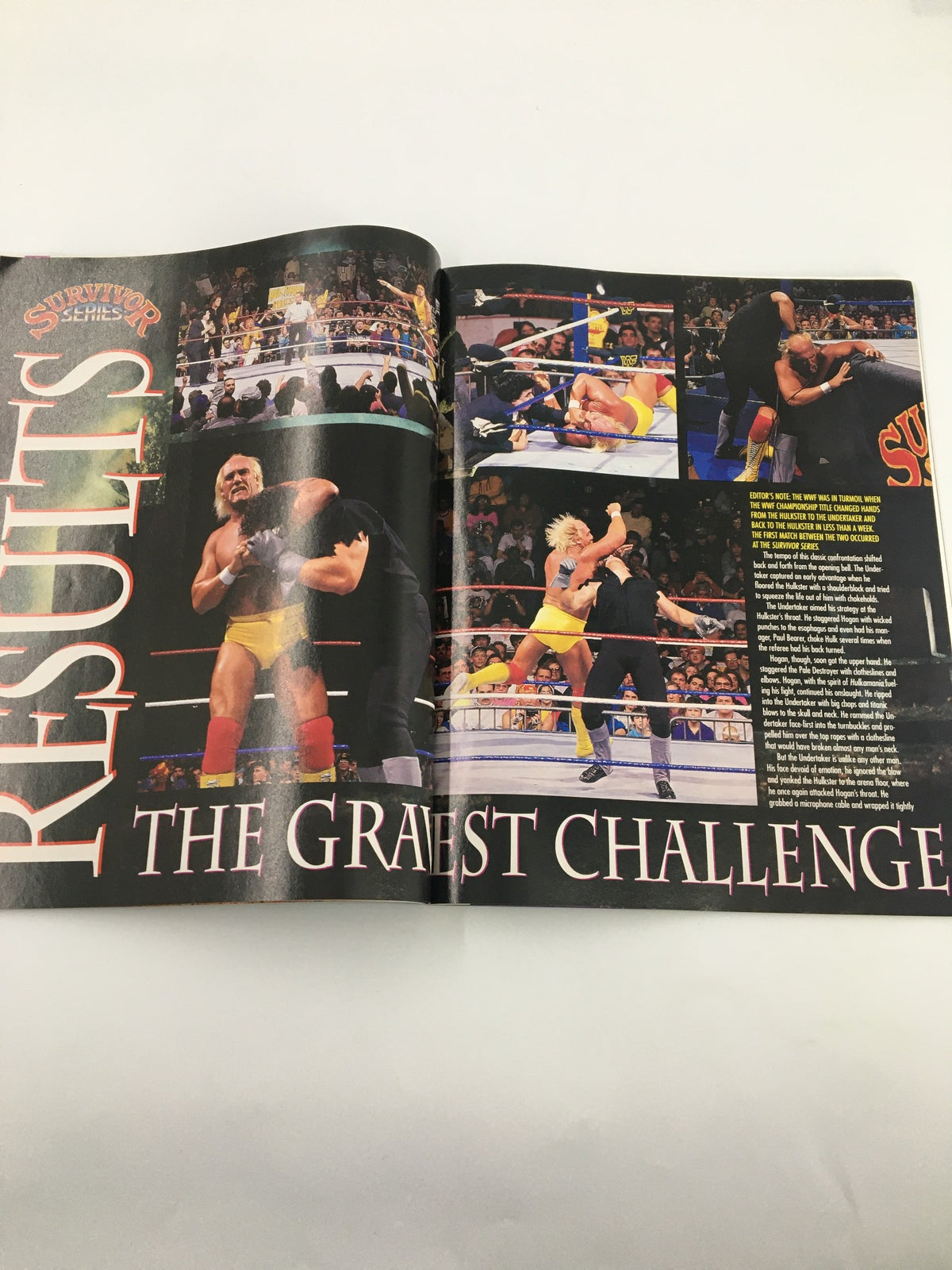 Results page from the Survivor Series in the February 1992 WWF Magazine, depicting action shots and highlights from key wrestling matches.