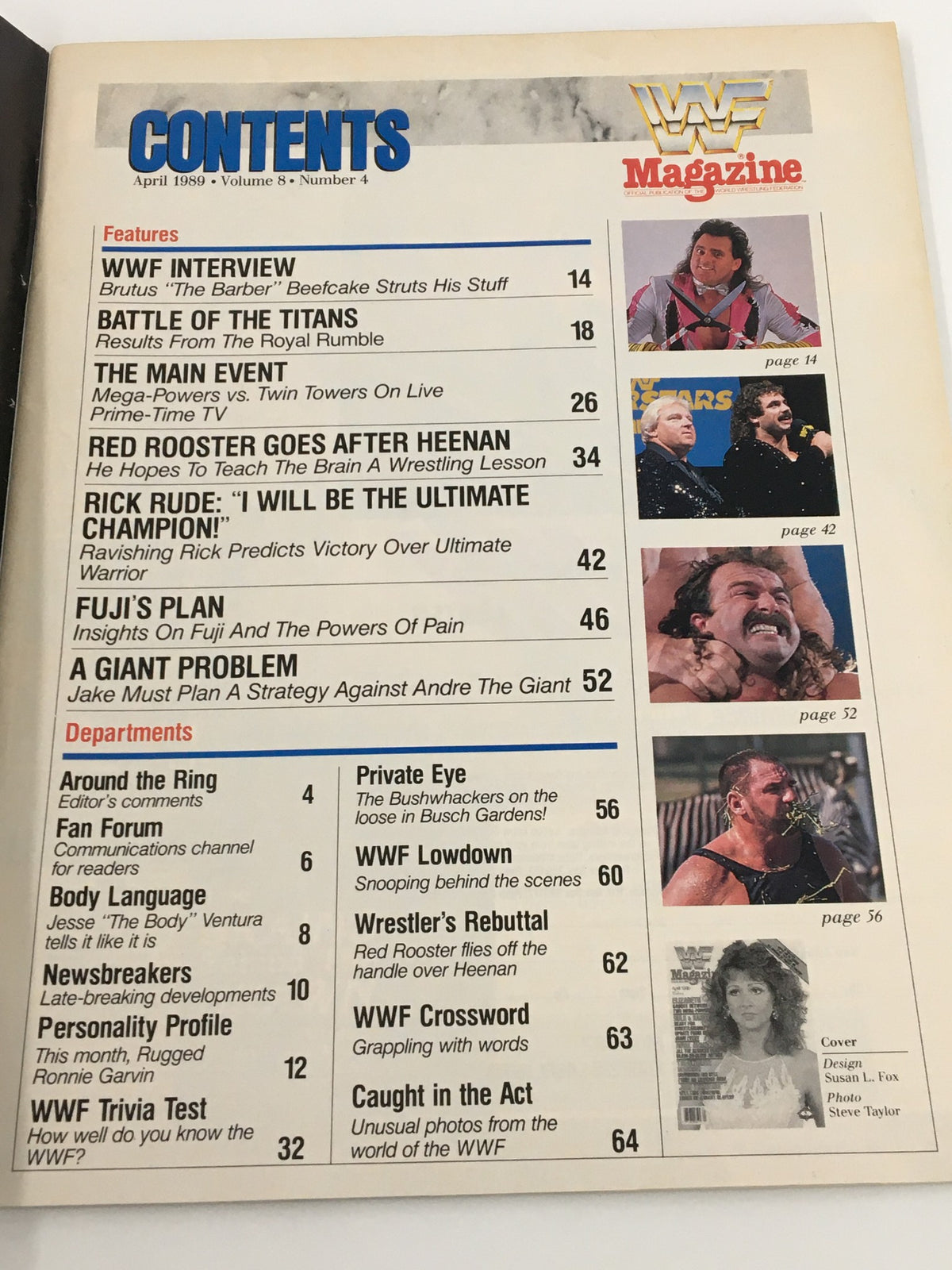 Inside contents page of VTG WWF Magazine April 1989, detailing various articles including interviews and wrestling match results, showcasing the magazine's focus on wrestling history.