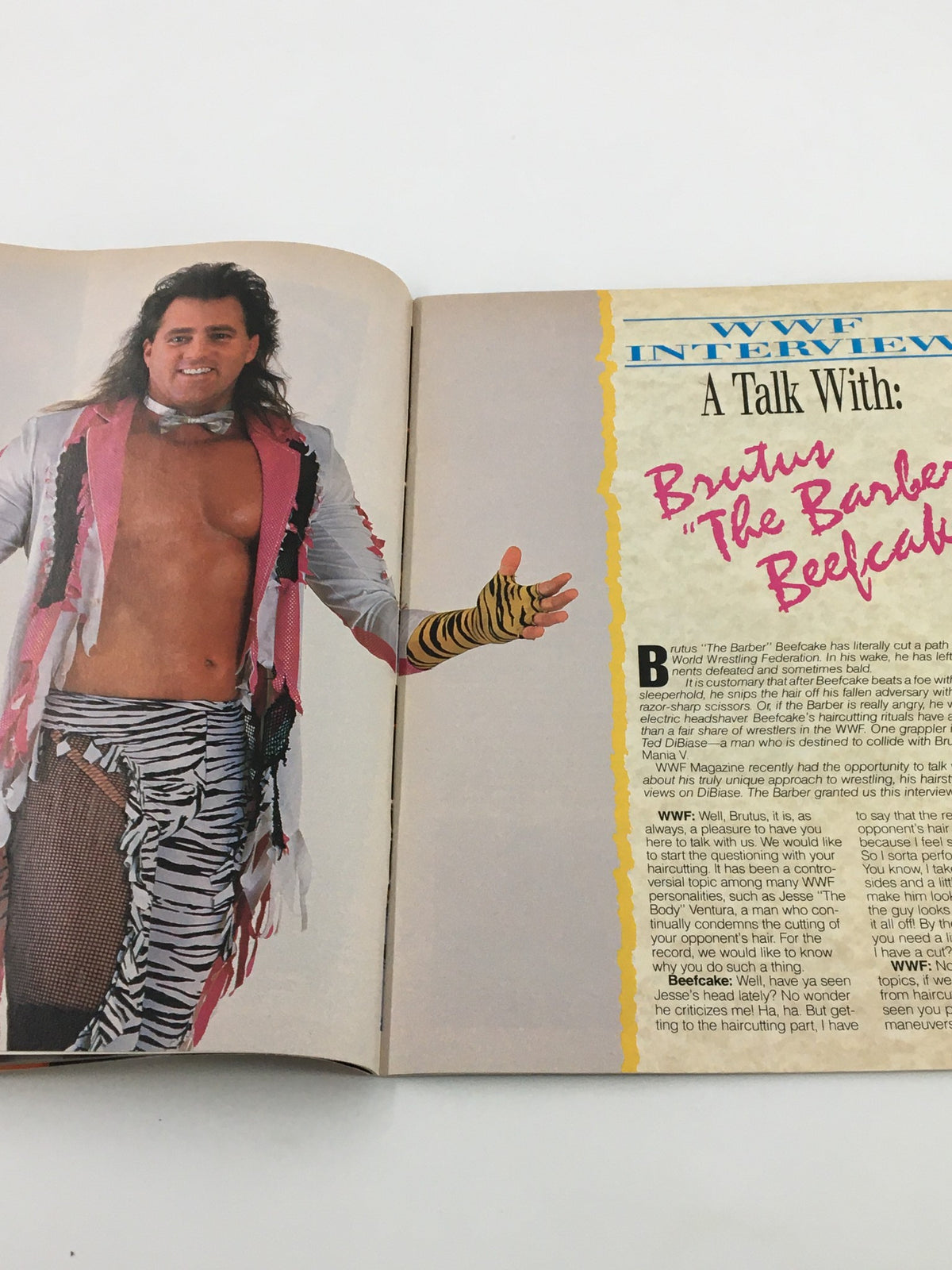 WWF Magazine April 1989 featuring an interview with Brutus 'The Barber' Beefcake, showcasing his flamboyant style and unique character in professional wrestling.
