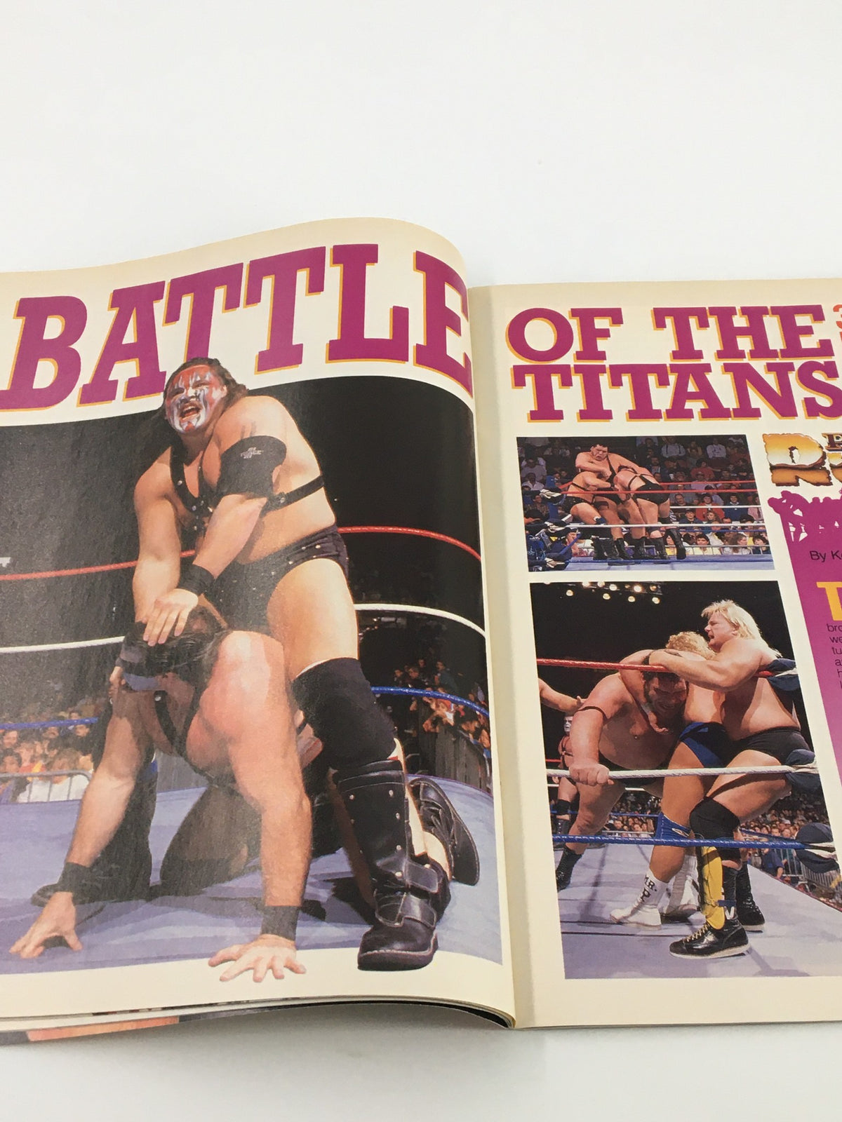WWF Magazine April 1989 illustrating the 'Battle of the Titans' with wrestlers in action during a classic match-up, capturing the excitement of the wrestling era.