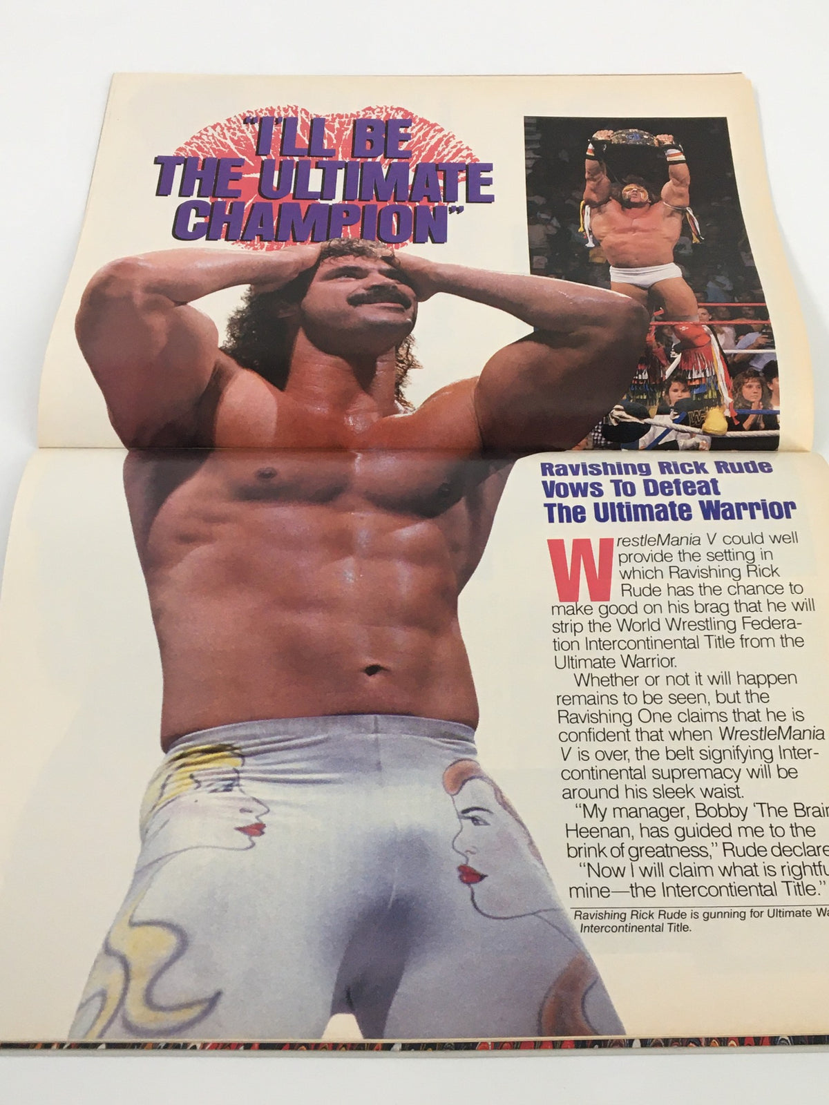 Interior page from the VTG WWF Magazine April 1989 featuring Ravishing Rick Rude with the text 'I'll Be The Ultimate Champion'. Highlights his upcoming challenge against The Ultimate Warrior at WrestleMania V.