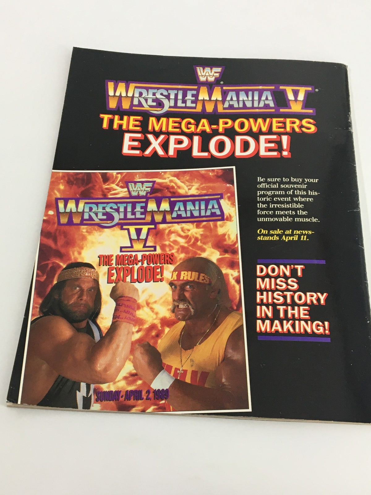 Cover of the VTG WWF Magazine April 1989 promoting WrestleMania V, titled 'The Mega-Powers Explode!'. Features iconic wrestlers Hulk Hogan and Randy Savage with bold graphics announcing the historic event.