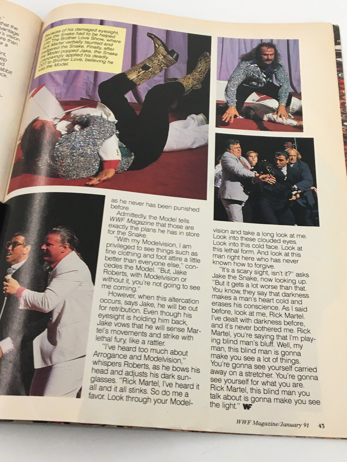 Dramatic interactions in VTG WWF Magazine January 1991 showcasing WWE superstars Jake 'The Snake' Roberts and Rick Martel, depicting a storyline moment in wrestling history.