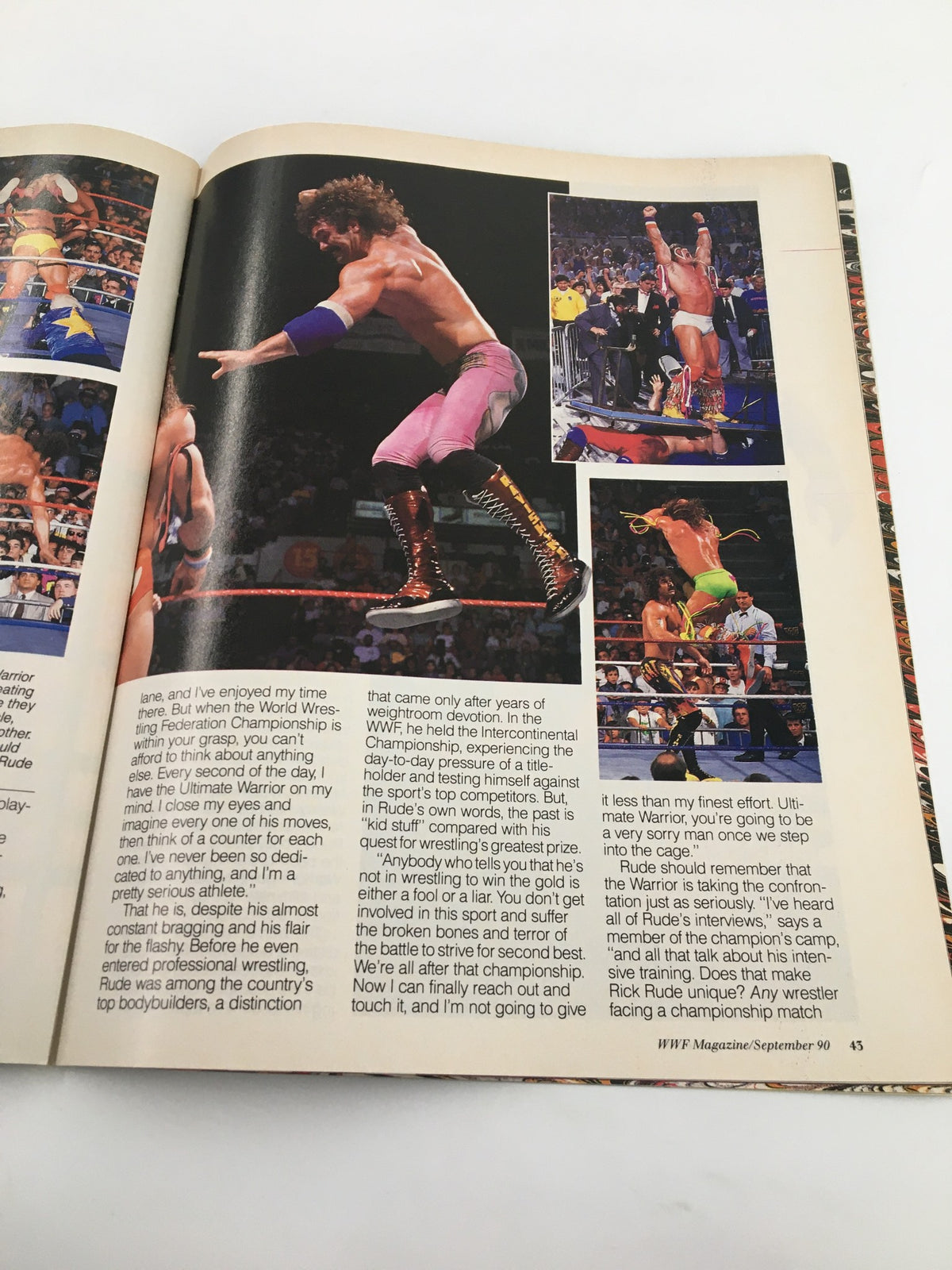 A two-page spread from the September 1990 issue of WWF Magazine discussing matches and highlights featuring multiple wrestlers, including Ultimate Warrior.