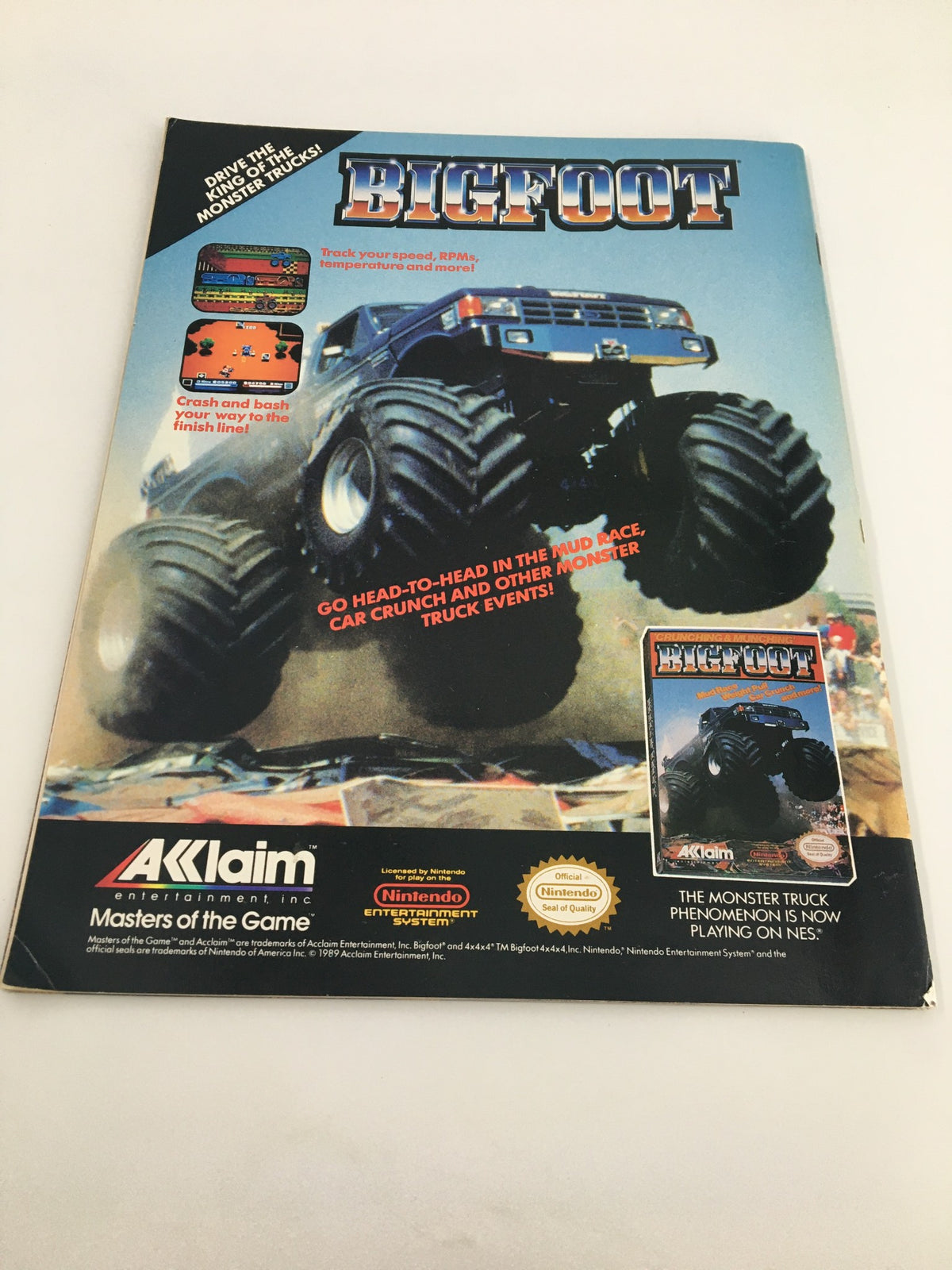 Cover of the September 1990 WWF Magazine showcasing the iconic monster truck video game 'BIGFOOT', licensed by Akclaim Entertainment, symbolizing the crossover appeal of monster trucks and wrestling during the 1990s.