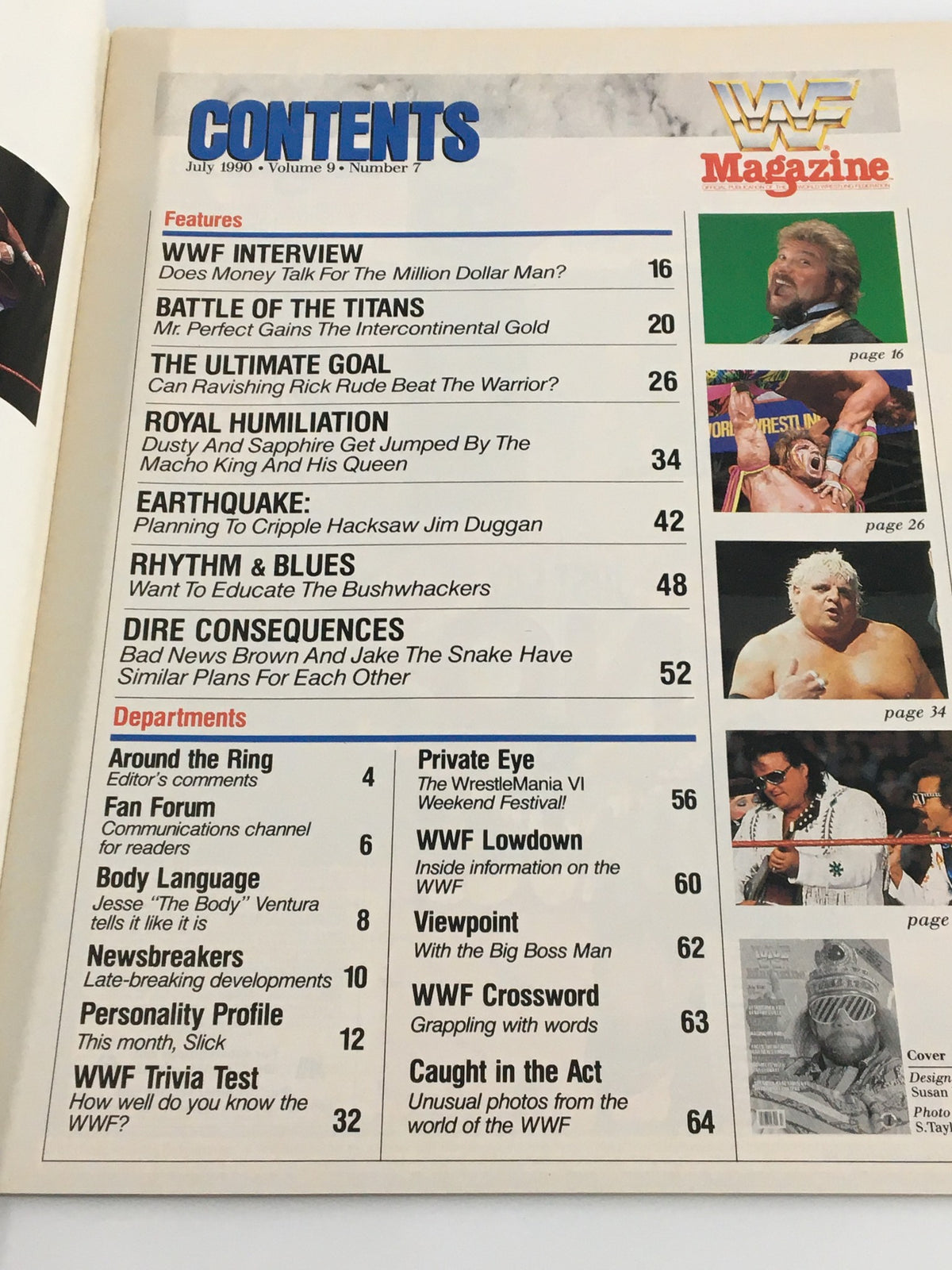 Contents page of VTG WWF Magazine July 1990 highlighting features like WWF Interview and articles about wrestling legends.