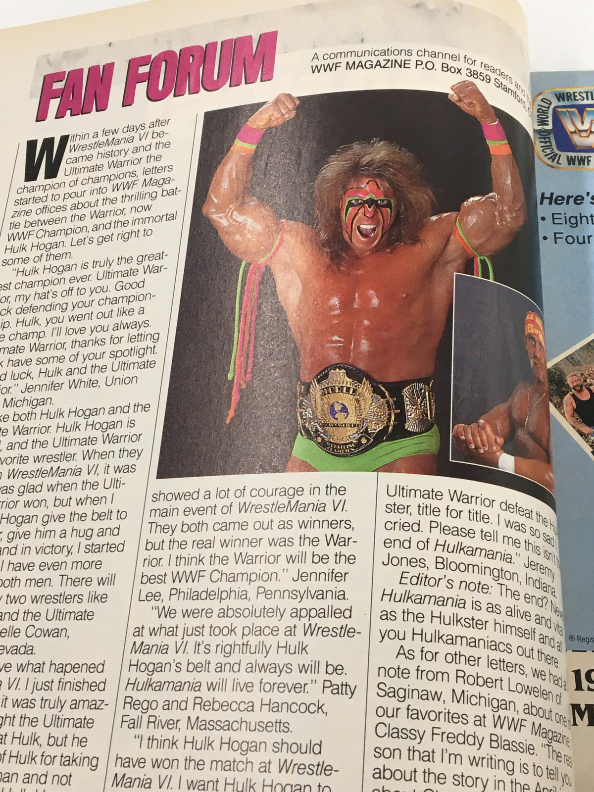 Page from VTG WWF Magazine July 1990 showcasing the Fan Forum section discussing Ultimate Warrior's championship and candid fan opinions.
