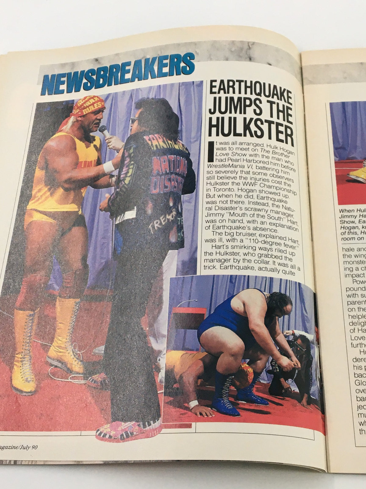 Newsbreakers page from VTG WWF Magazine July 1990 detailing Earthquake's surprise attack on Hulk Hogan.