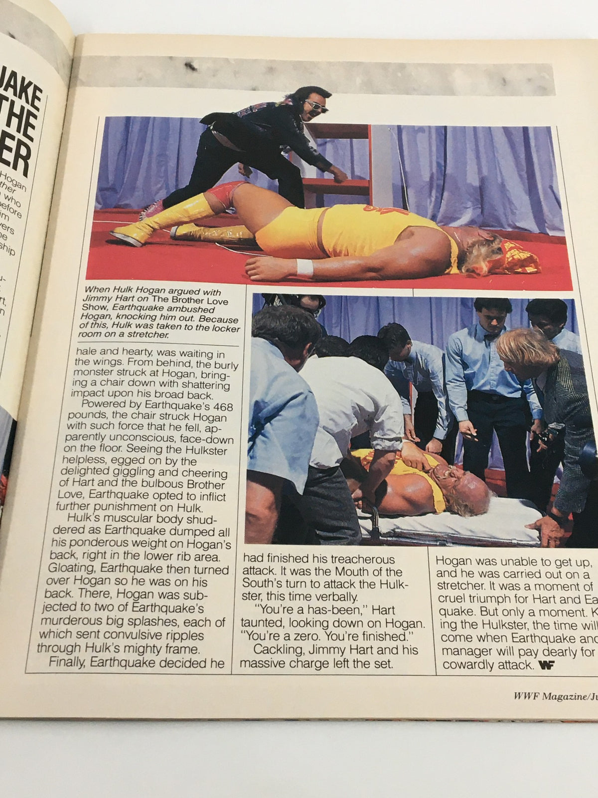 WWF Magazine July 1990 featuring Hulk Hogan being ambushed by Earthquake during a wrestling match, showcasing classic wrestling action and drama.