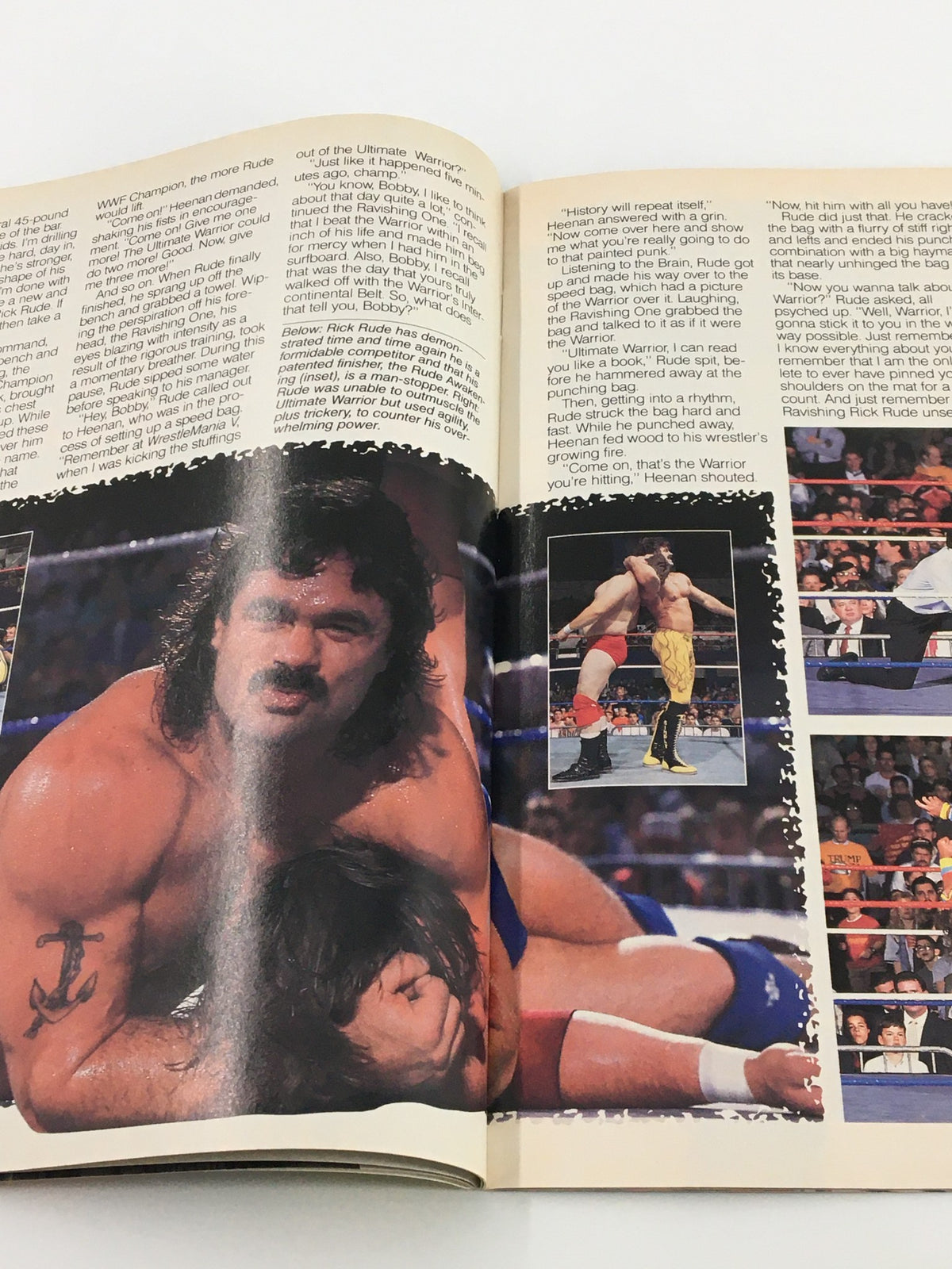 WWF Magazine July 1990 highlighting Rick Rude in a wrestling match with the Ultimate Warrior, capturing the intense rivalry in professional wrestling.