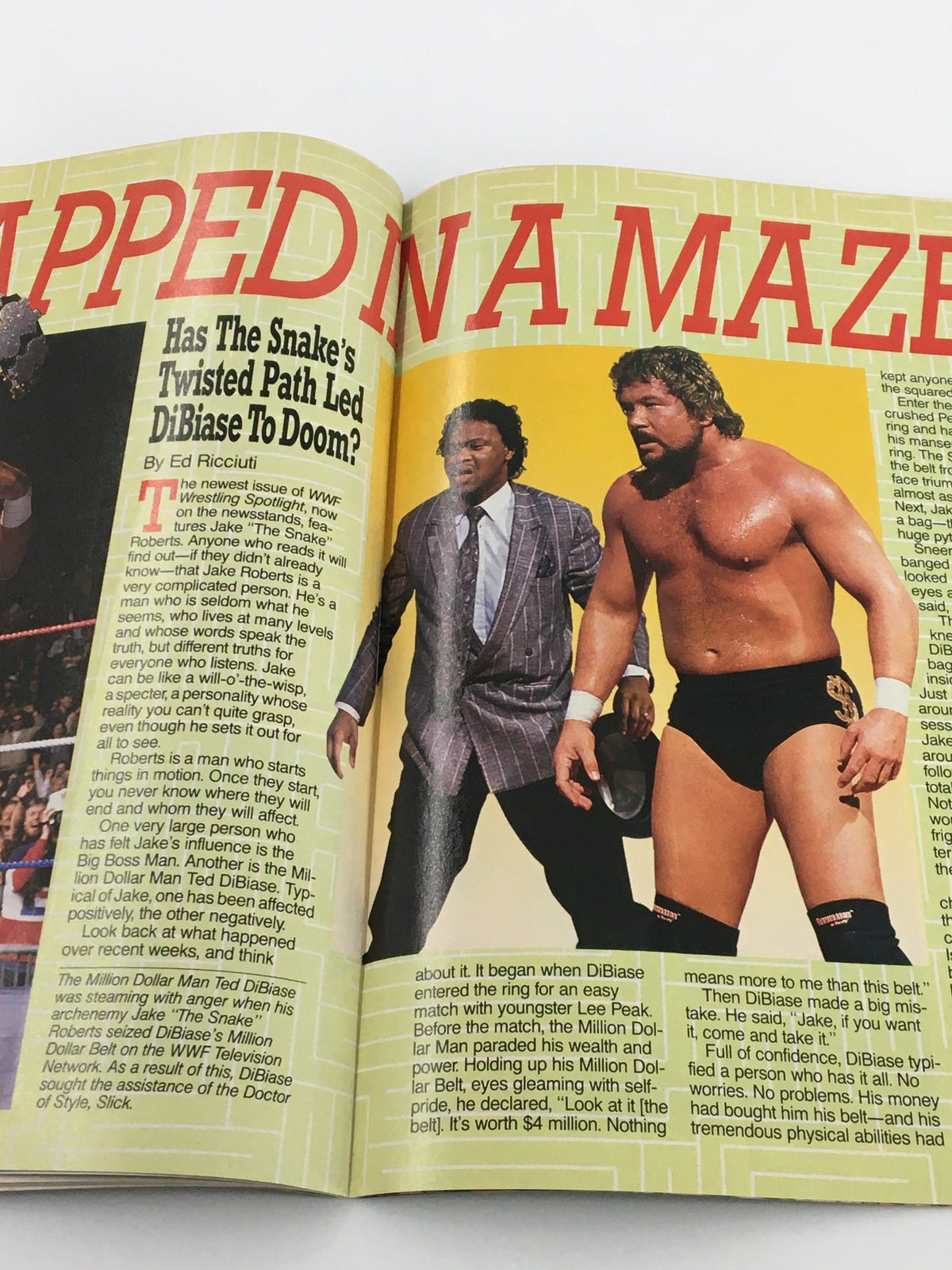 WWF Magazine April 1990 highlighting Ted DiBiase and Jake 'The Snake' Roberts, focusing on the intricate storytelling of wrestling rivalries.