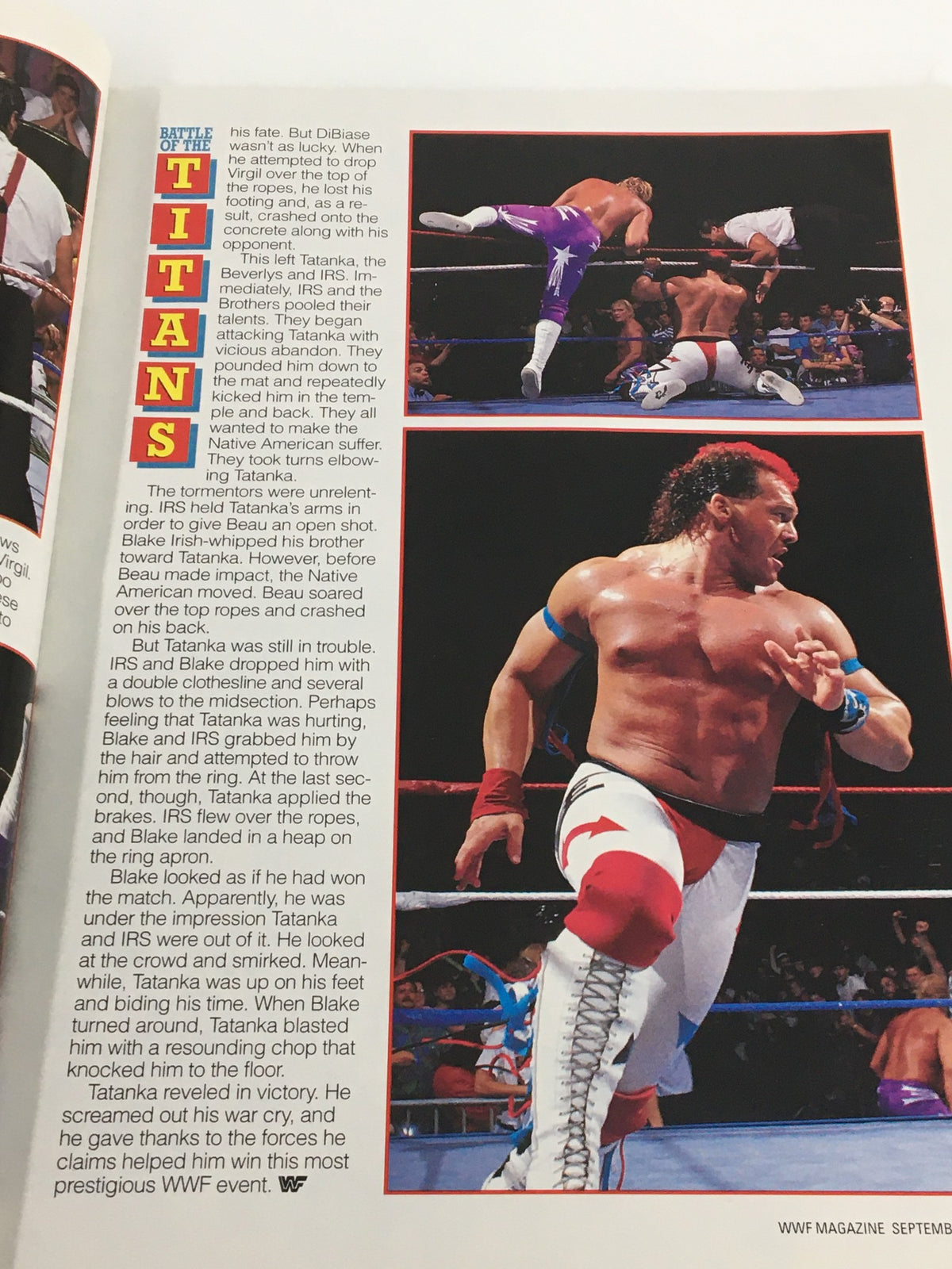 Battle of the Titans featured in VTG WWF Magazine September 1992 showcasing Tatanka in the ring with vivid action and background audience interaction.