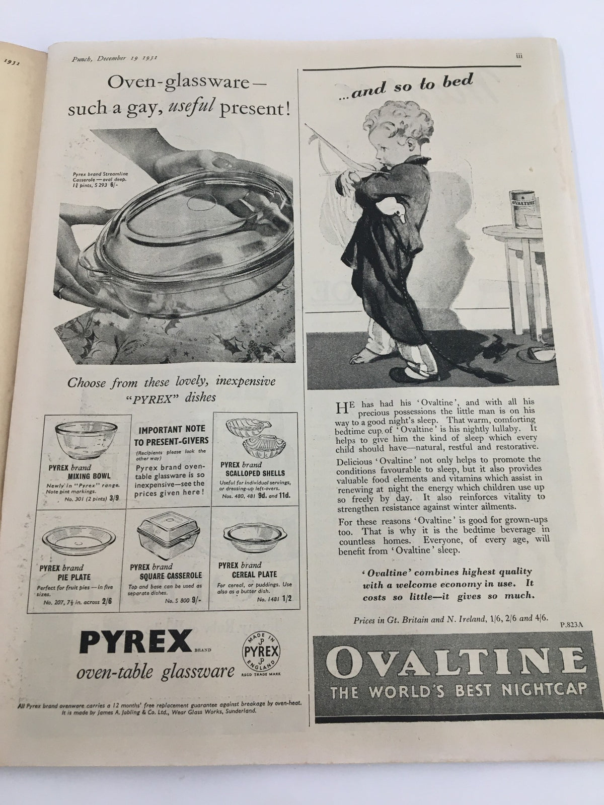 Interior page of VTG Punch December 19 1951 featuring an advertisement for Pyrex oven-glassware, highlighting its usefulness as a gift and showcasing vintage design elements.