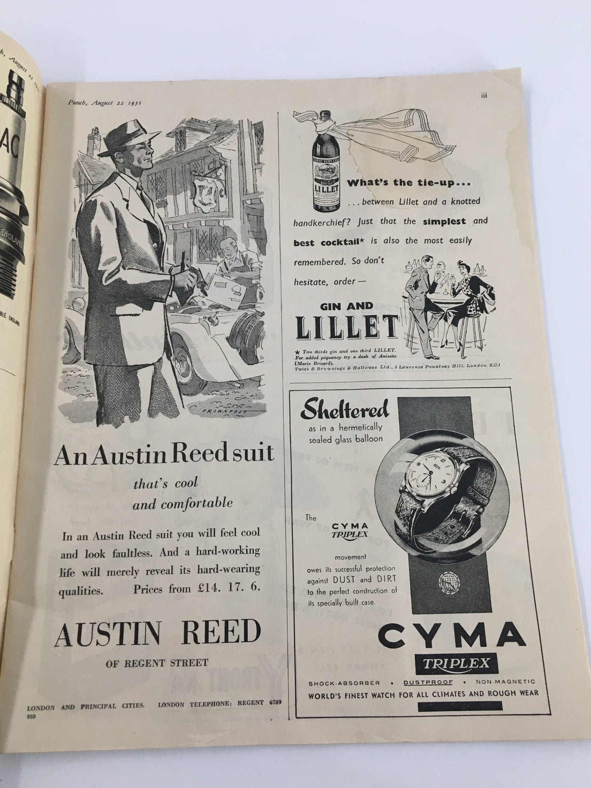 Advertisement page from VTG Punch magazine August 22, 1951, displaying vintage advertisements for fashion and beverages, illustrating the historical context of post-war society.