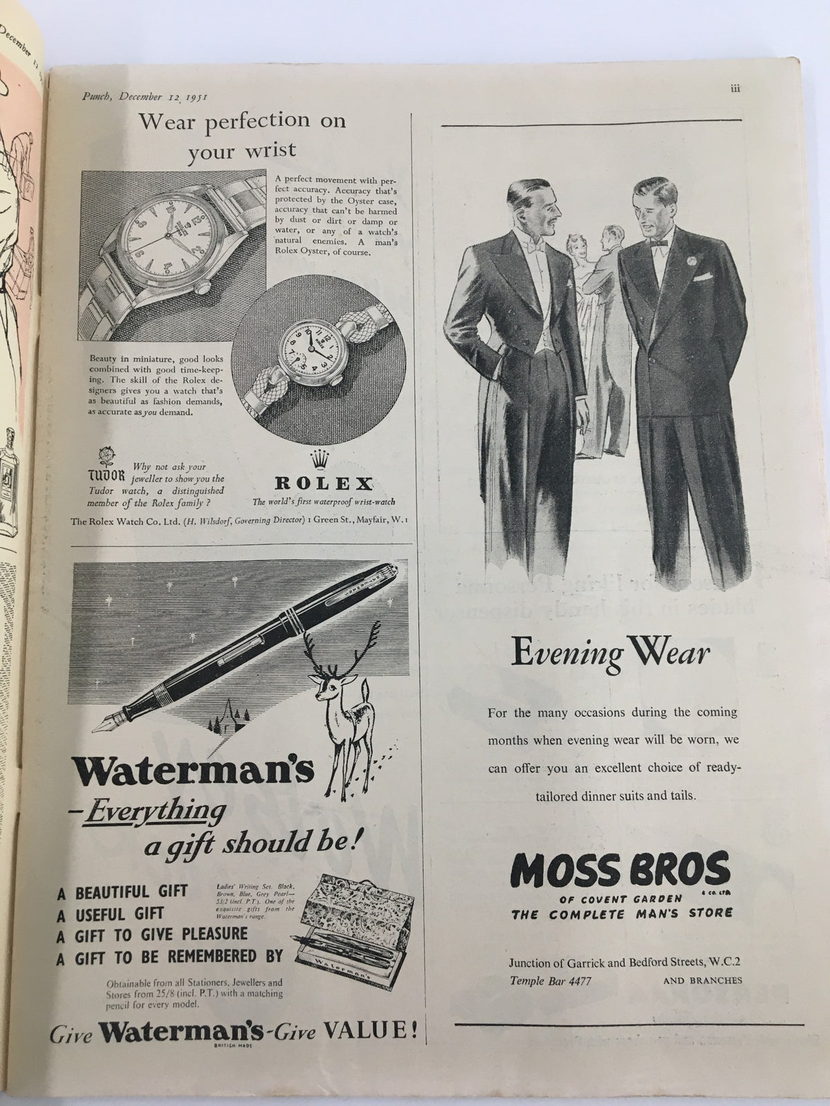 Interior page of the VTG Punch magazine from December 12, 1951, showcasing advertisements including Rolex watches and Waterman's pens, reflecting 1950s design and style.