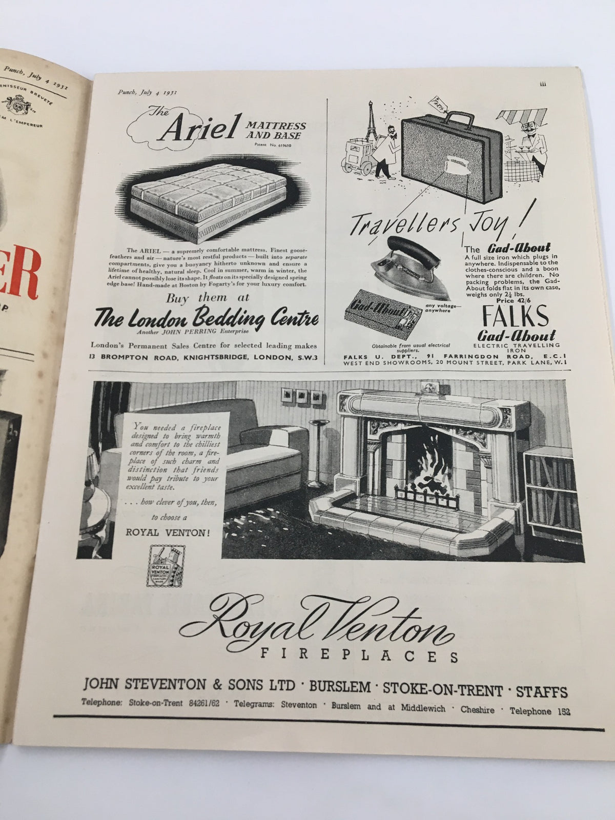 Interior page of VTG Punch July 4 1951 WWII Cartoon & Humour Magazine displaying vintage advertisements, reflecting the culture and consumer goods of the early 1950s.