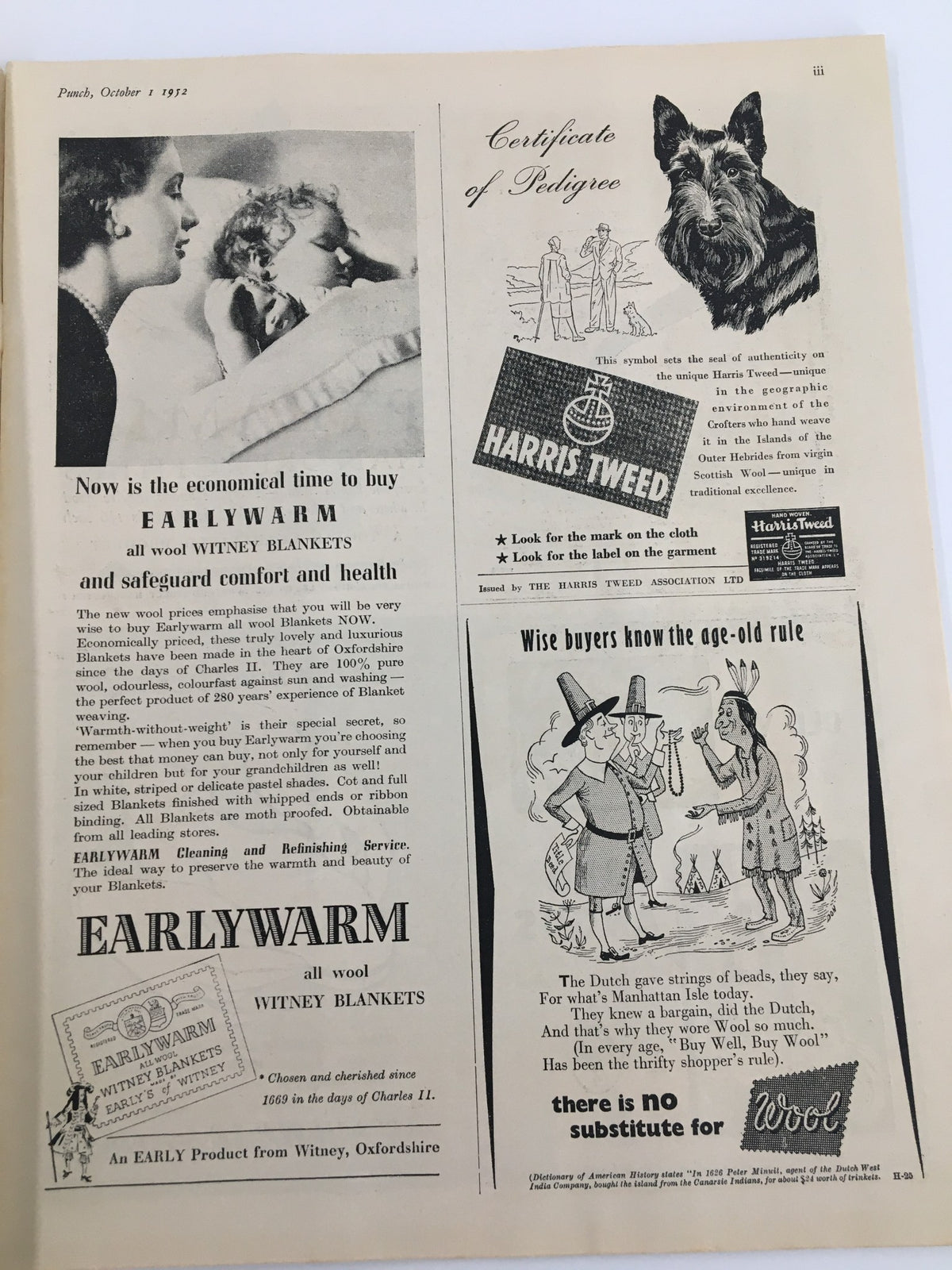 Interior page of VTG Punch Magazine from October 1, 1952 showcasing vintage advertisements including Earlywarm blanket promotions and a certificate of pedigree, reflecting the style and culture of the 1950s.