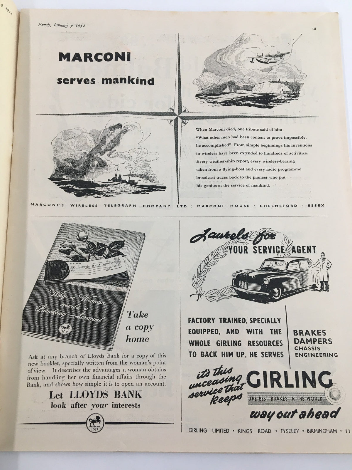 Interior page of VTG Punch January 9 1952 magazine with vintage advertisements and illustrations, providing a glimpse into the advertising style of the early 1950s.