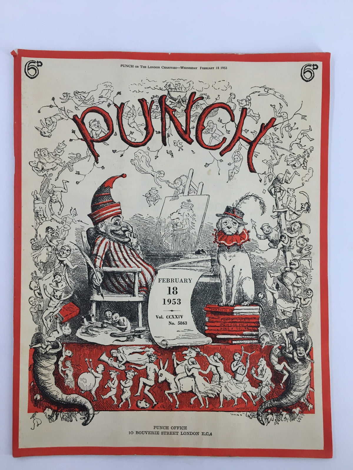 VTG Punch February 18 1953 WWII Cartoon & Humour Magazine cover featuring whimsical illustrations and titled 'PUNCH' with vibrant red and black colors.