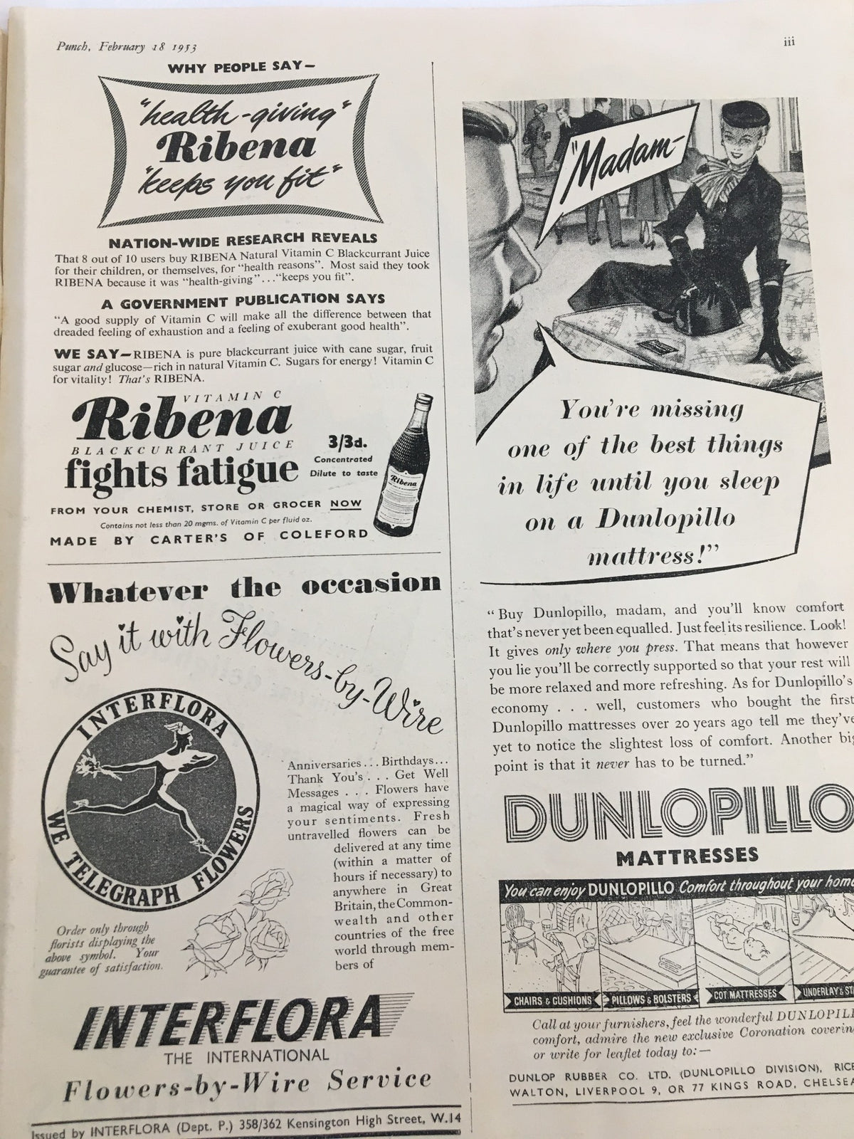 Interior page from the VTG Punch magazine dated February 18, 1953, featuring advertisements for Ribena blackcurrant juice and Dunlopillo mattresses. Highlights the vintage humor and wartime culture typical of the era.