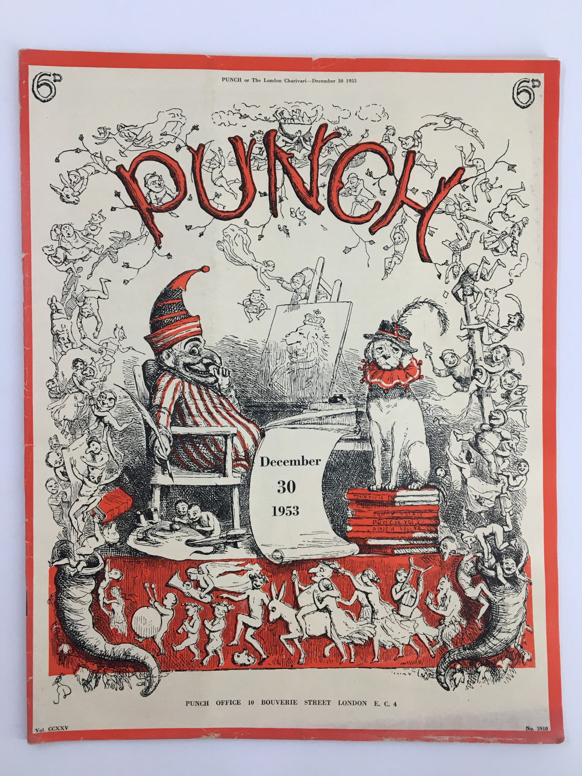 VTG Punch December 30 1953 magazine cover featuring whimsical illustrations, a clown sitting on a chair, and various cartoon characters, showcasing the humor and satire of the post-WWII era.