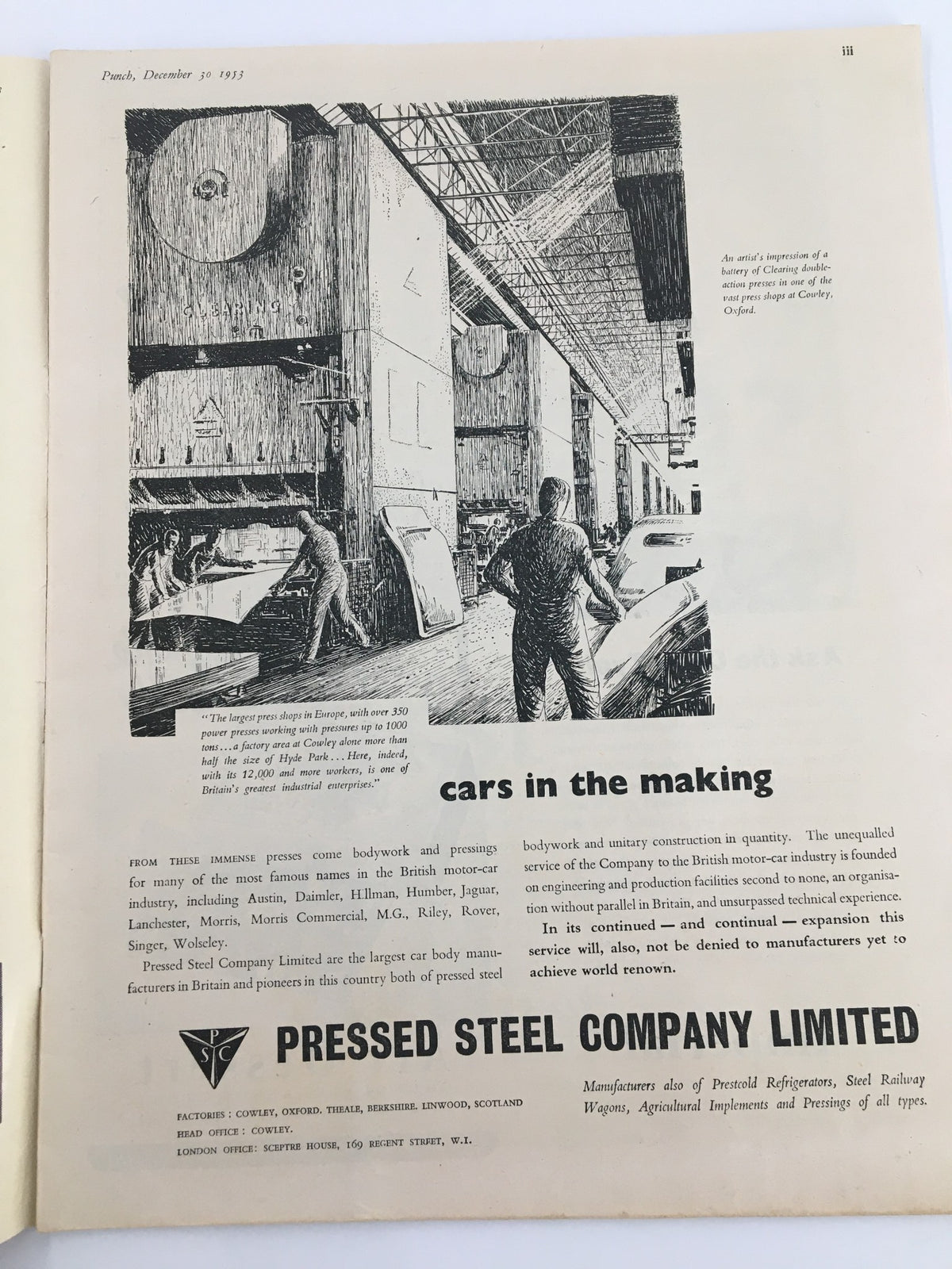 Inner page of VTG Punch December 30 1953, featuring an illustration titled 'cars in the making' depicting a busy industrial scene with workers and machinery, highlighting mid-20th century British culture and industry.