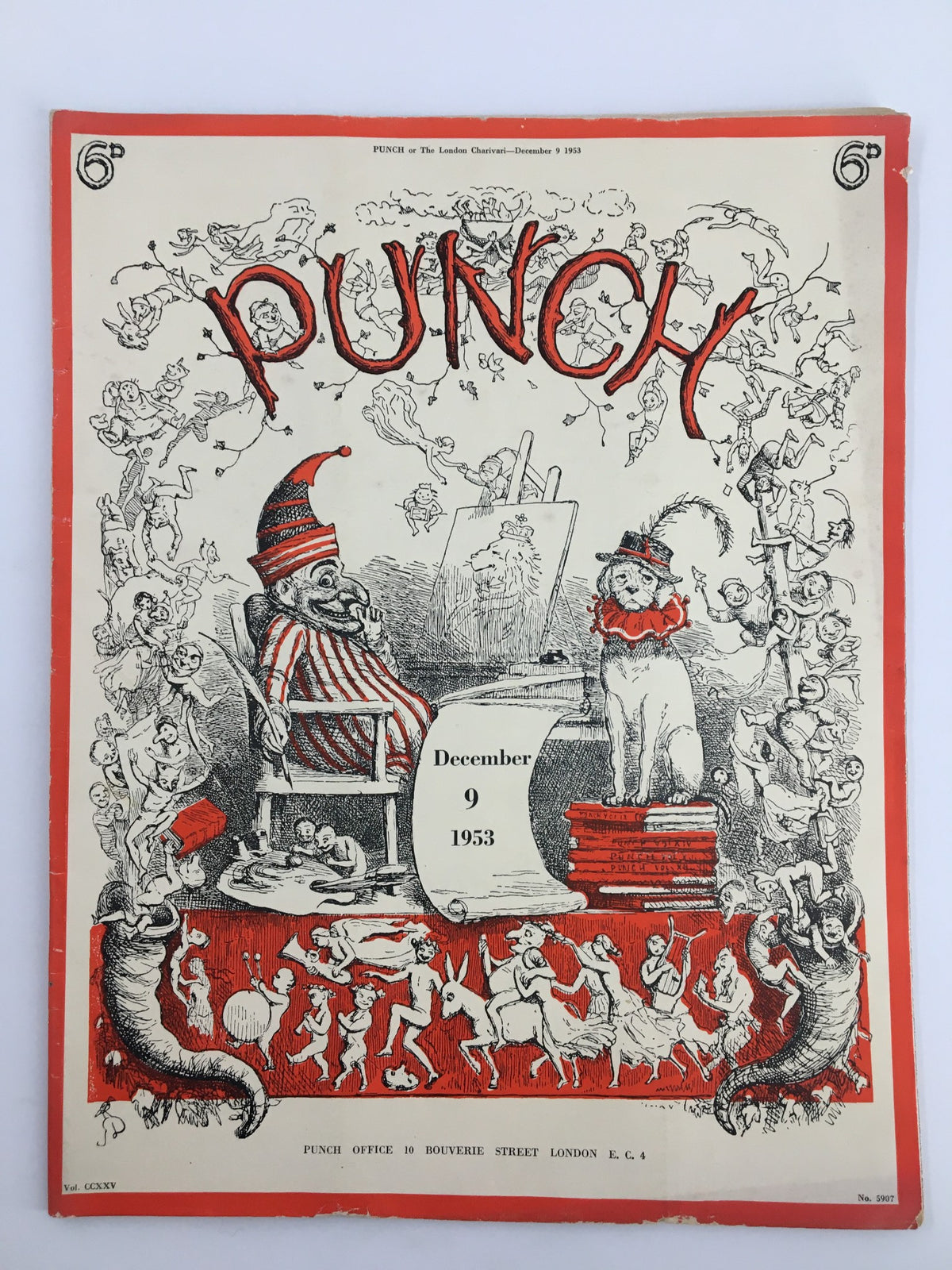 Vintage Punch magazine cover from December 9, 1953, featuring whimsical illustrations, including a seated clown and various playful characters, showcasing the unique humor of the era.