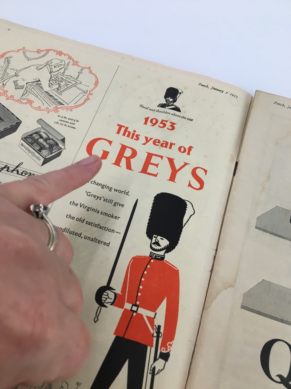 VTG Punch January 7 1953 WWII Cartoon & Humor Magazine showcasing the phrase 'This year of GREYS' with an illustration of a soldier, reflecting on the cultural themes of 1953.