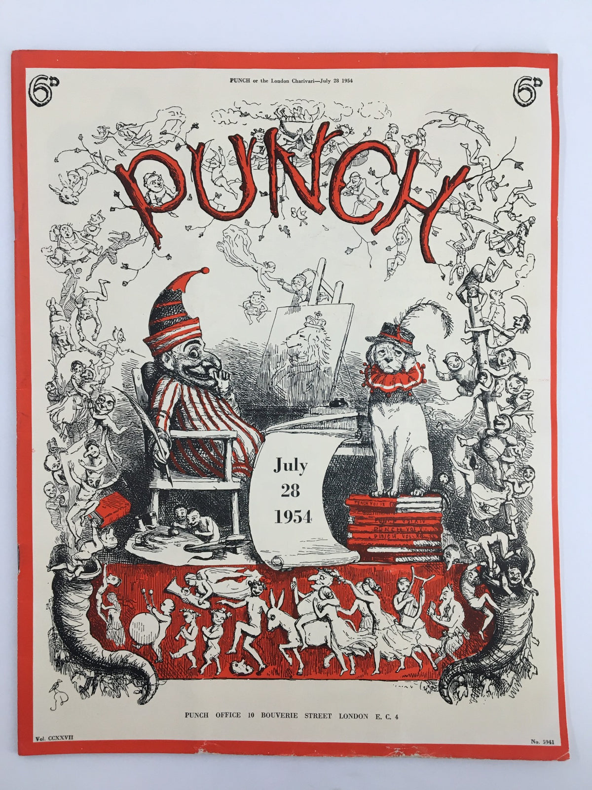 Vintage Punch Magazine cover from July 28, 1954, featuring whimsical illustrations, including a clown and a lion, symbolizing humor and satire from the post-World War II era.