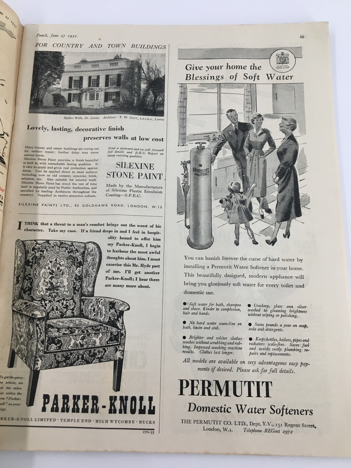 Interior page of VTG Punch Magazine June 27 1951 displaying advertisements and illustrations characteristic of mid-20th century publications.