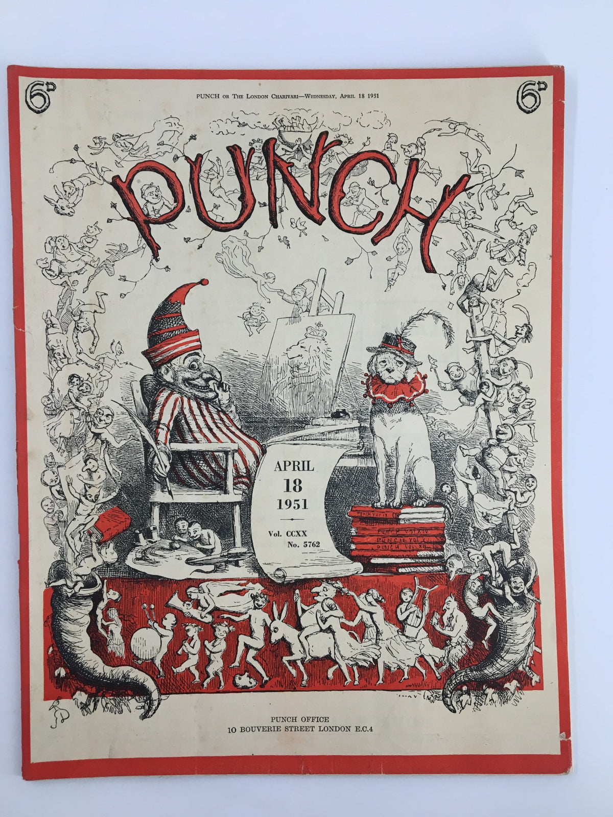 Vintage Punch magazine cover from April 18, 1951, showcasing playful cartoons and illustrations that humorously reflect WWII themes, featuring a whimsical illustration with colorful characters and vivid imagery.