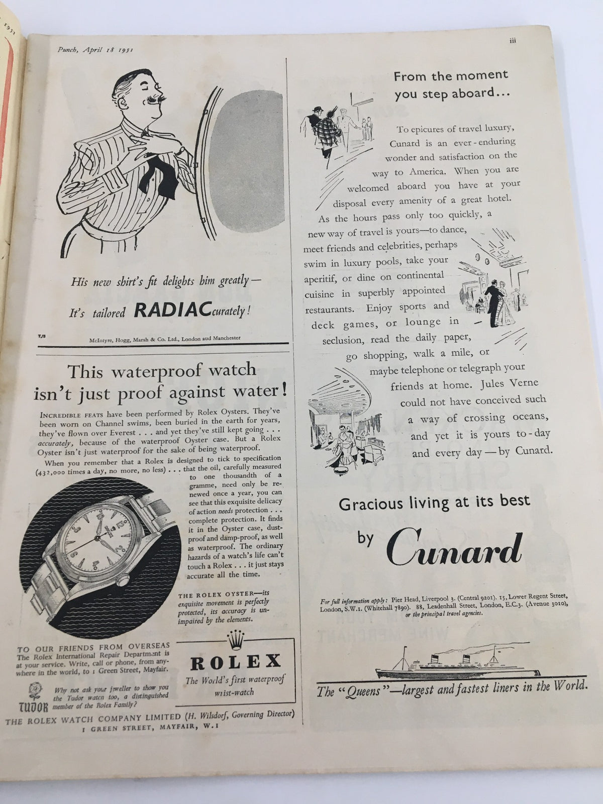 Interior page of the April 18, 1951 edition of Punch magazine, displaying an advertisement with a stylishly dressed man adjusting his tie and text promoting Cunard's luxury travel experiences.