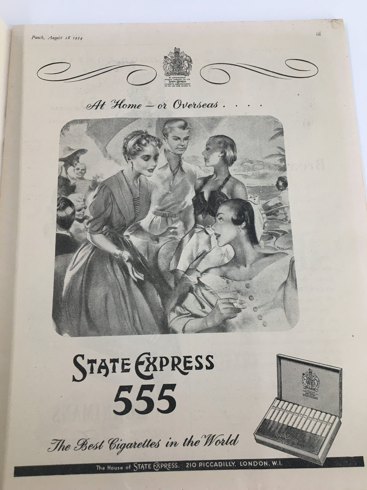 Inside page of VTG Punch August 18 1954 WWII Cartoon & Humour Magazine with an advertisement for State Express 555 cigarettes, showcasing vintage graphic design.