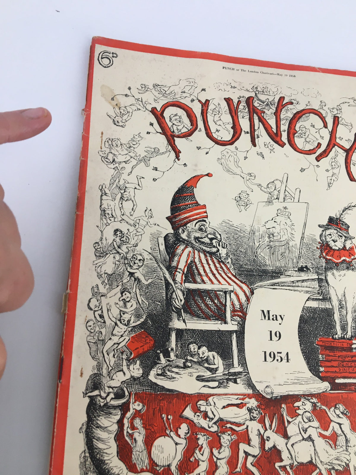 Close-up of the VTG Punch Magazine from May 19, 1954 highlighting its cover art that includes playful characters and comedic elements, encapsulating the vintage humor of the time.