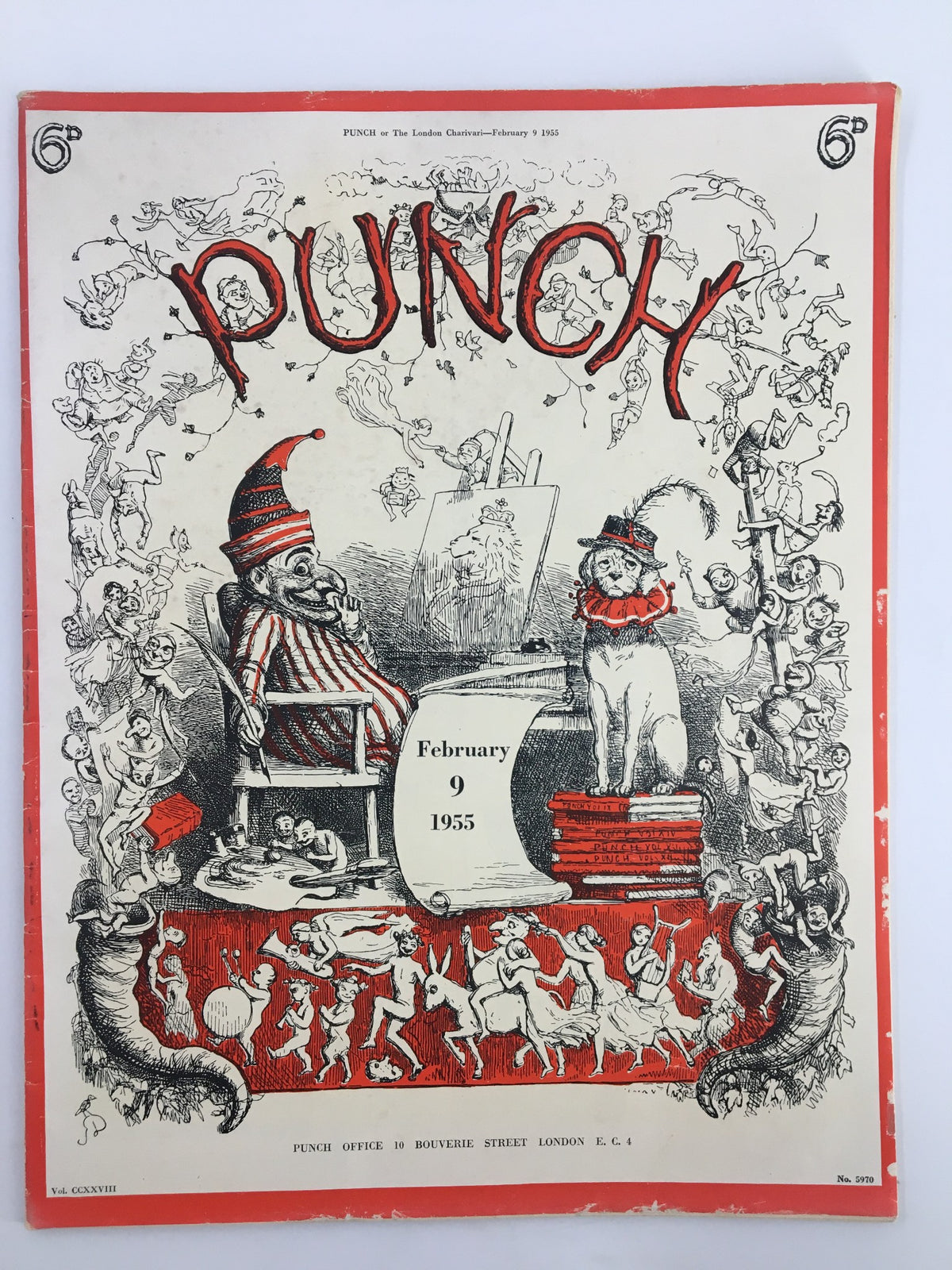 Cover of VTG Punch February 9 1955 WWII Cartoon & Humour Magazine, featuring whimsical artwork and characters celebrating humor from the 1950s.