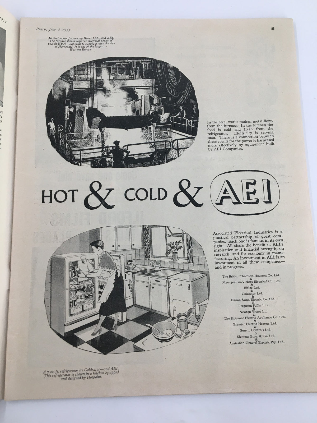 Interior page of VTG Punch magazine from June 8, 1955, showcasing a vintage advertisement with a kitchen scene and electric appliances.