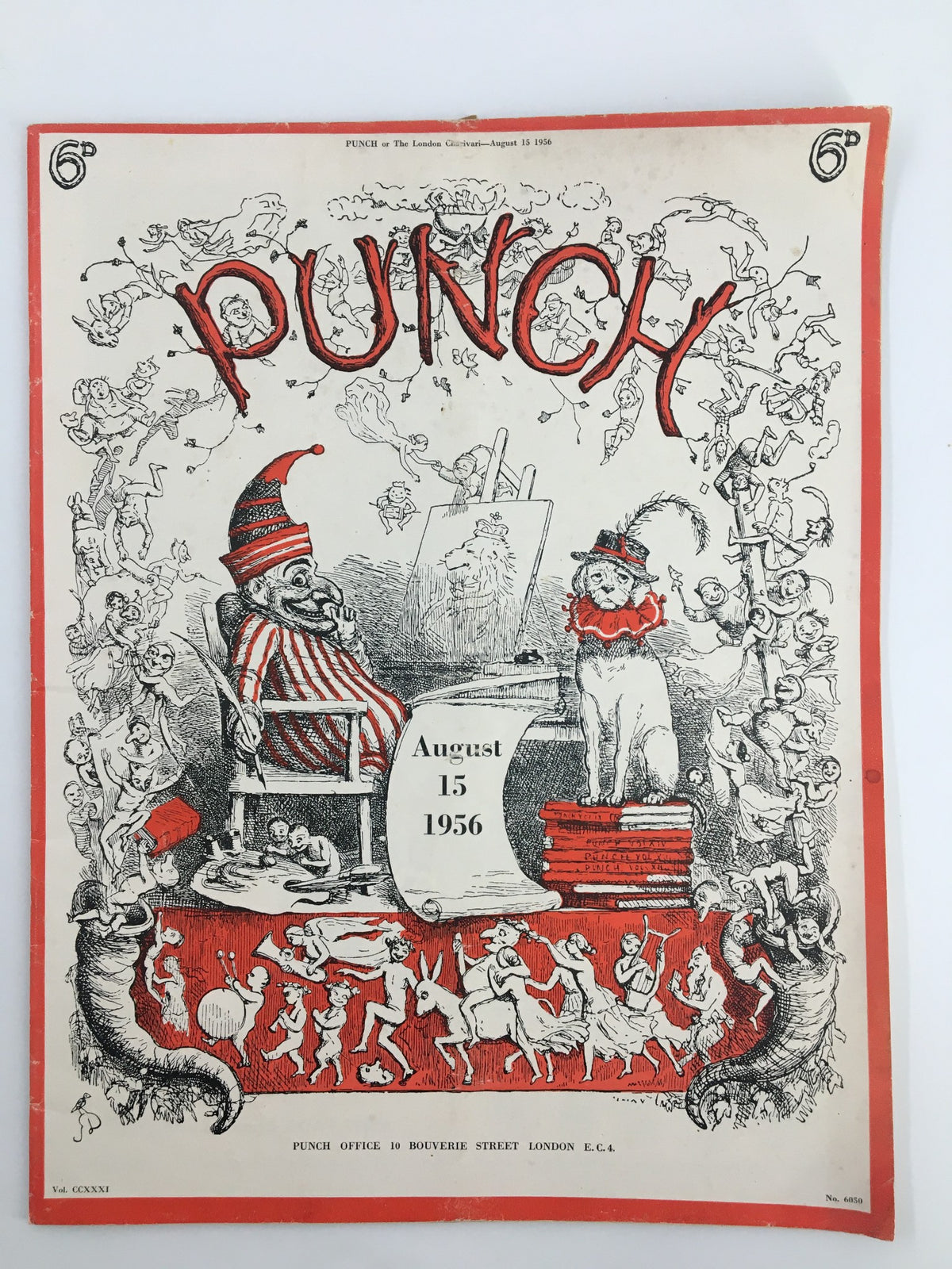 VTG Punch August 15 1956 WWII cartoon and humour magazine cover featuring whimsical illustrations of clowns, animals, and characters in a comedic setting.