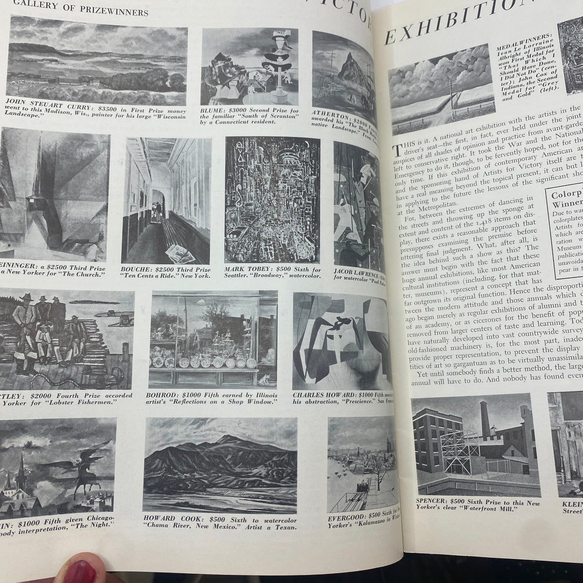 Art News Magazine January 1-14, 1943 Victory of Samothrace showcasing a gallery of prize-winning artworks, including paintings and detailed descriptions of artists and awards.