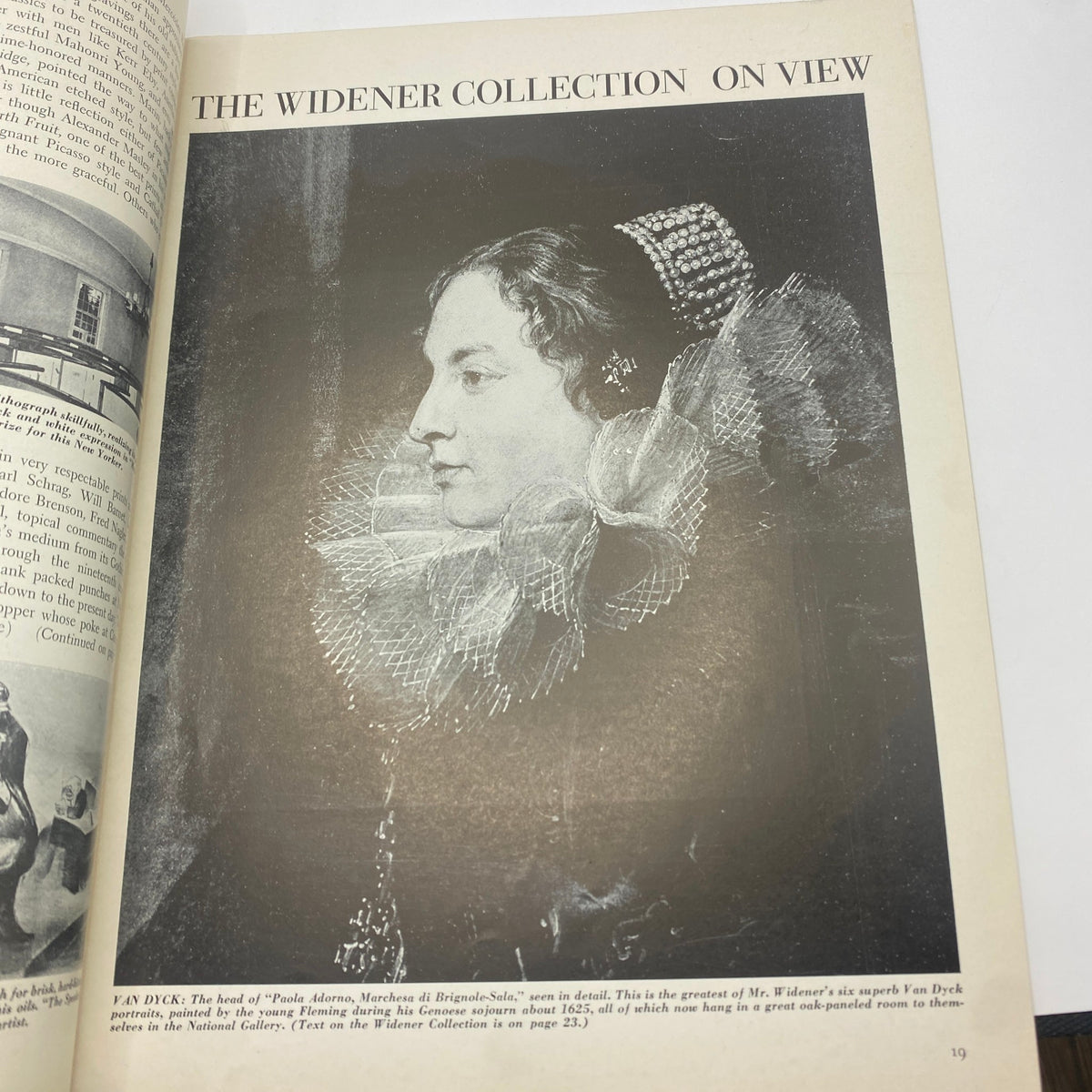 Art News Magazine January 1-14, 1943 Victory of Samothrace featuring an elegant portrait of Paula Adorno by Van Dyck, highlighting the importance of the Widener Collection.