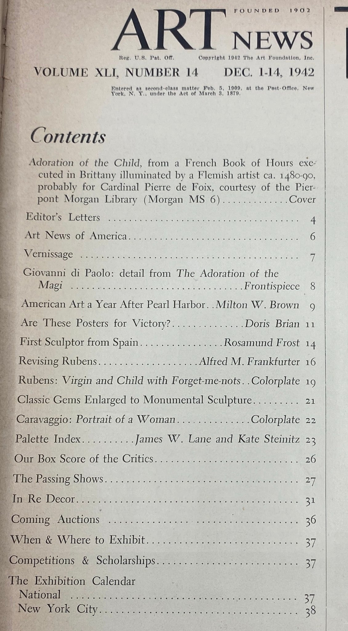 Contents page of the Vintage Art News Magazine listing articles including 'Adoration of the Child' and 'American Art a Year After Pearl Harbor', from the issue dated December 1-14, 1942.