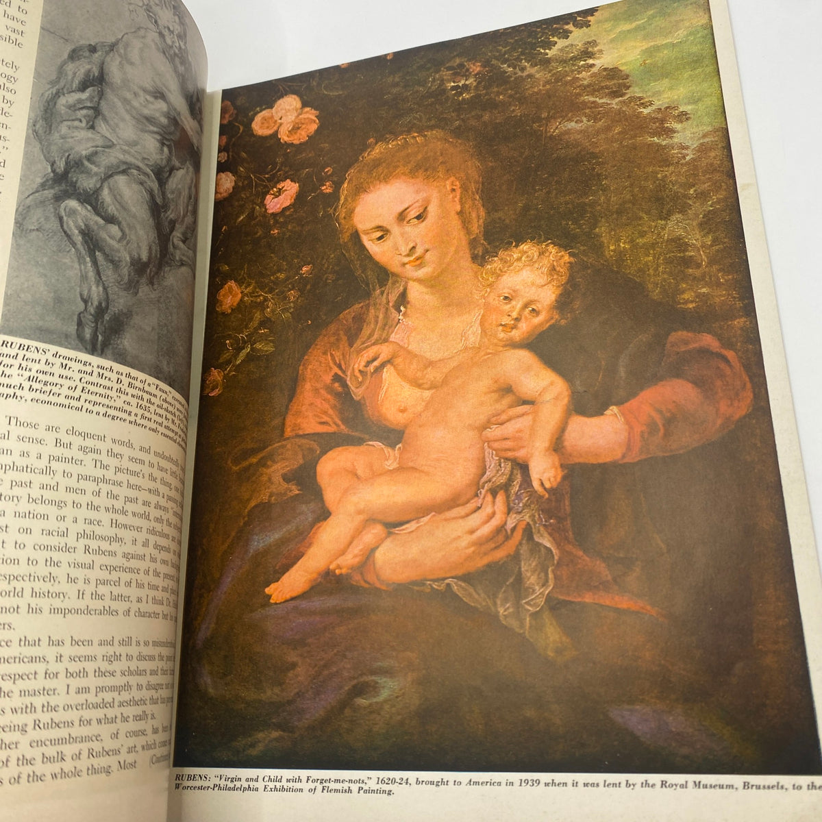 Interior page showcasing a painting 'Virgin and Child with Forget-me-nots' by Rubens from the Vintage Art News Magazine titled 'VTG Art News Magazine December 1-14, 1942 Adoration of the Child'.