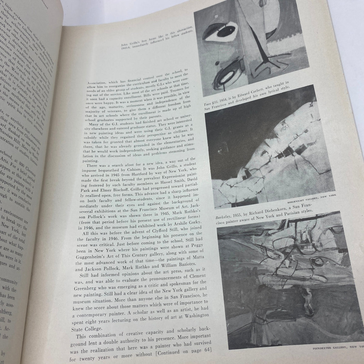 Art News Magazine January 1956 featuring Cliché by Stuart Davis, illustrating a page with various modern art pieces and discussions on contemporary art movements.