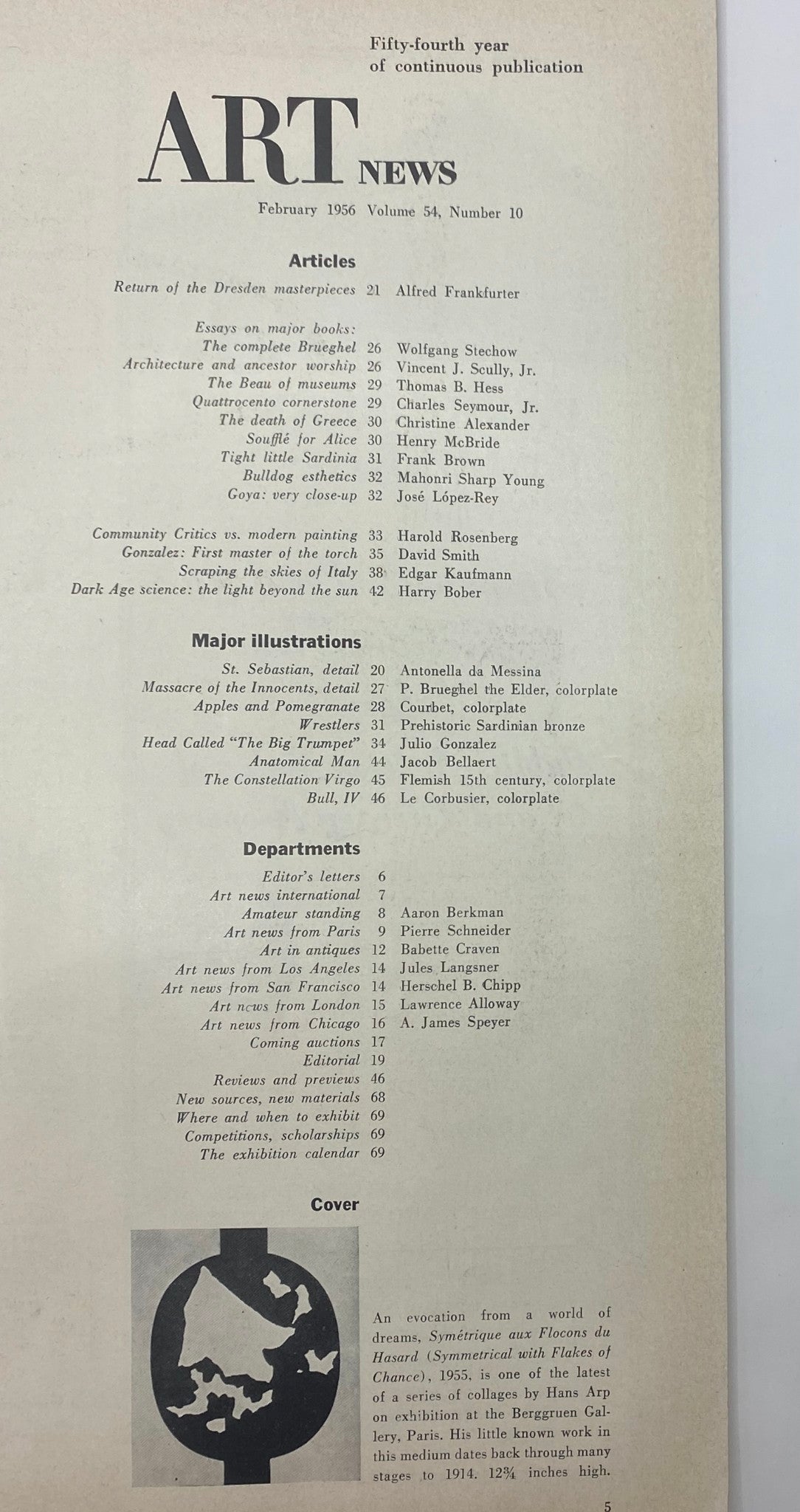 Table of contents for Art News Magazine February 1956, detailing featured articles and illustrations including discussions on the return of the Dresden masterpieces.