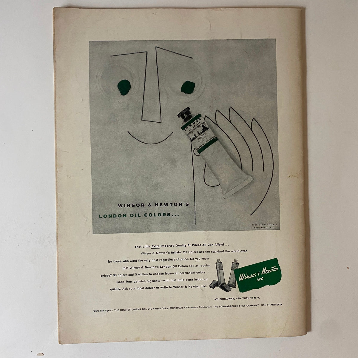 Back cover of Art News Magazine February 1956 featuring an advertisement for Winsor & Newton's London Oil Colors with a simple artistic design.