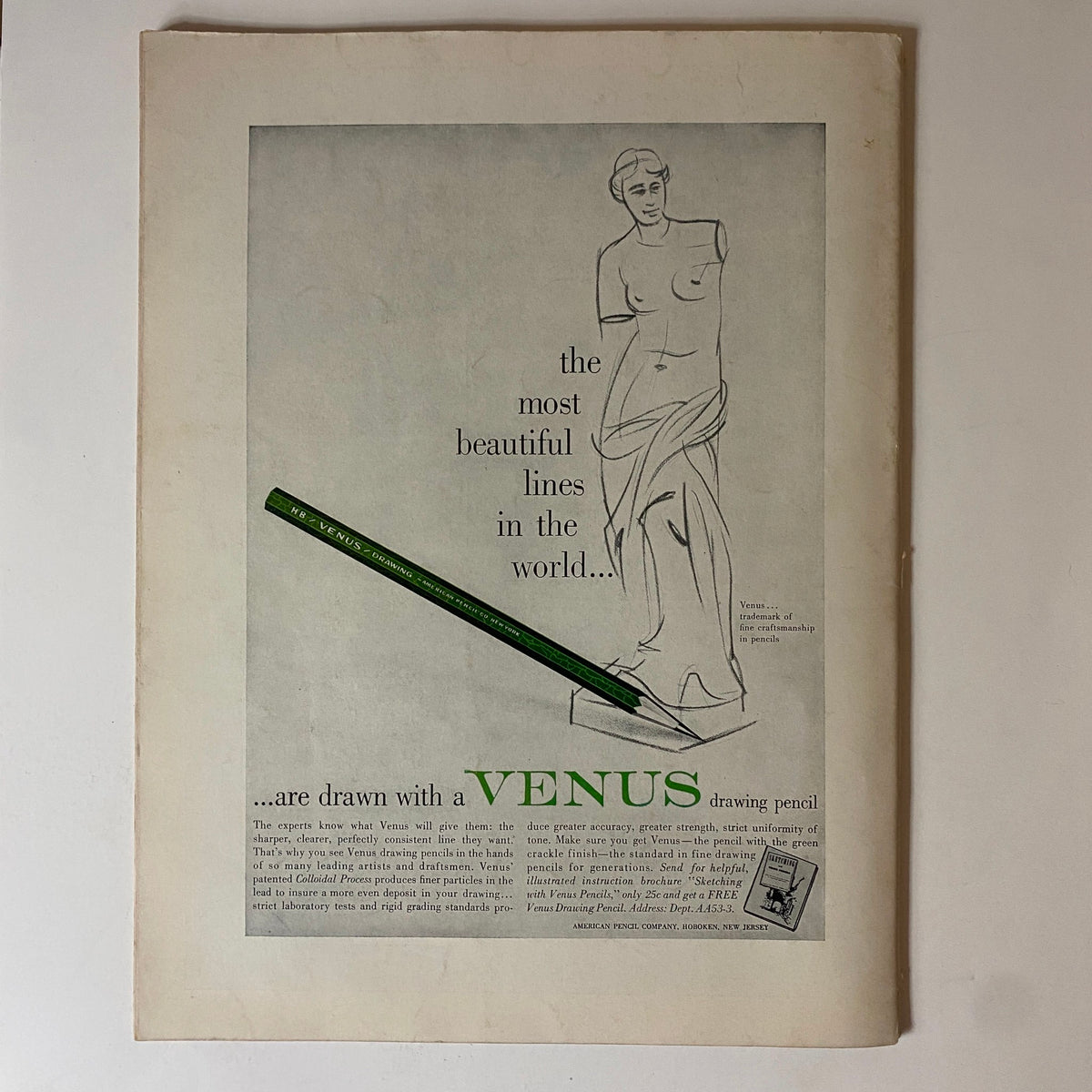 Advertisement page from the March 1956 Art News Magazine showcasing an artistic pencil alongside a classical sculpture, relevant to the title 'VTG Art News Magazine March 1956 Botticelli’s Giuliano de’ Medici No Label'.